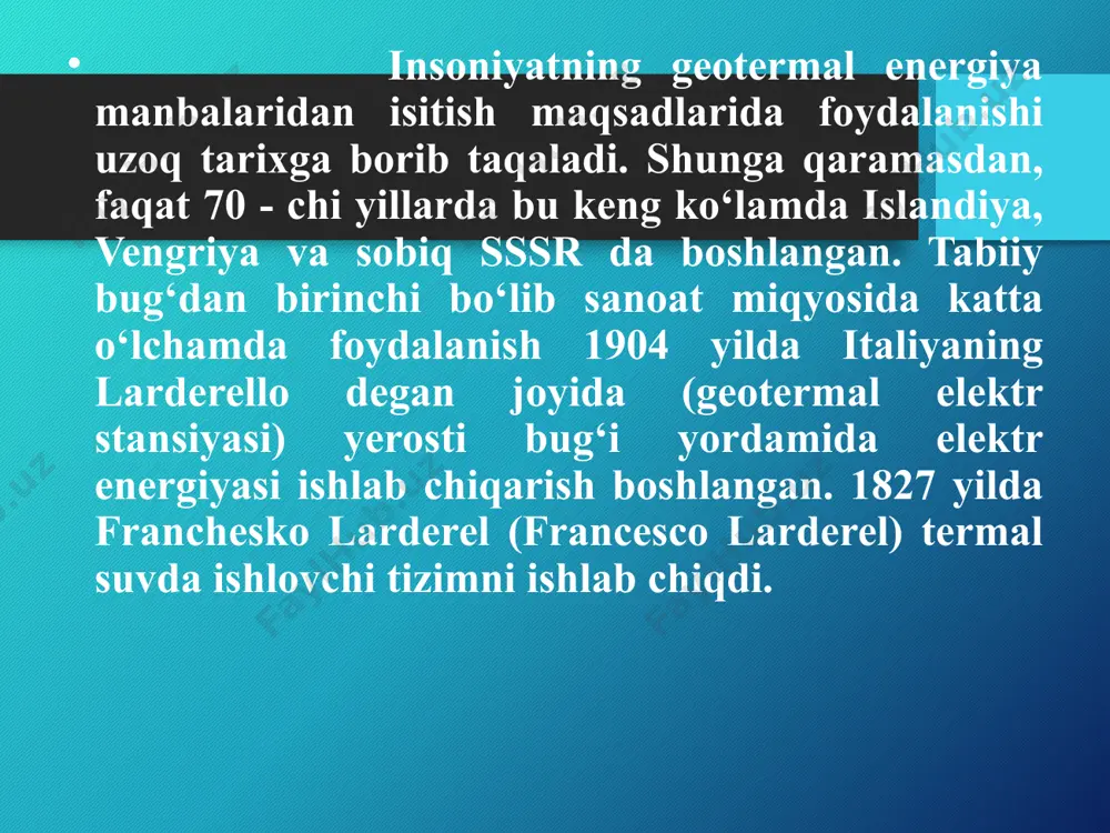 yetoja ishlay boshladi. unchalik katta bo‘lmagan geoies meksikaning pate xududida, italiya, yaponiya, sssr, yangi zelandiya, islandiya va boshka mamlakatlarda foydalanila boshlandi.. 1973 yil may oyida dunyoda jami ishlaydigan geoies lar kuvvatlari 800 mvt , ya’ni bu ko‘rsatkich bitta katta issiqlik yoki atom elektr stansiyasi quvvatidan ham kam edi. birok, 1975 yilda dunyo buyicha jami geoies quvvati 1300 mvt ga yetdi. deyarli barcha bu elektr stansiyalarda tabiiy namsiz (quruq) bug‘ yoki ko‘p isitilgan suv qaynashidan hosil bo‘ladigan namli bug‘idan foydalanilgan. dunyoning ko‘pgina mamlakatlarda tabiiy bug‘ va issik qaynoq suv konlarini topish ishlari olib borilgan. iqtisodiy foydali energiya manbalari sifatida manfaatga ega bunday konlar aniqlana boshlandi xix asr birinchi yarmi larderello (italiya) termal borli suvni yig‘ib olish kollektori. rossiya federativ respublikasining kamchatka hududida joylashgan jami elektrik quvvati 76,5 mvt bo‘lgan geoies ning yillik elektr energiya ishlab chiqarish ko‘rsatkichi 420 mln. kvtsoat ni tashkil etadi. stansiyaning 2011 yildagi quvvati 50 mvt, mazkur quvvatni …