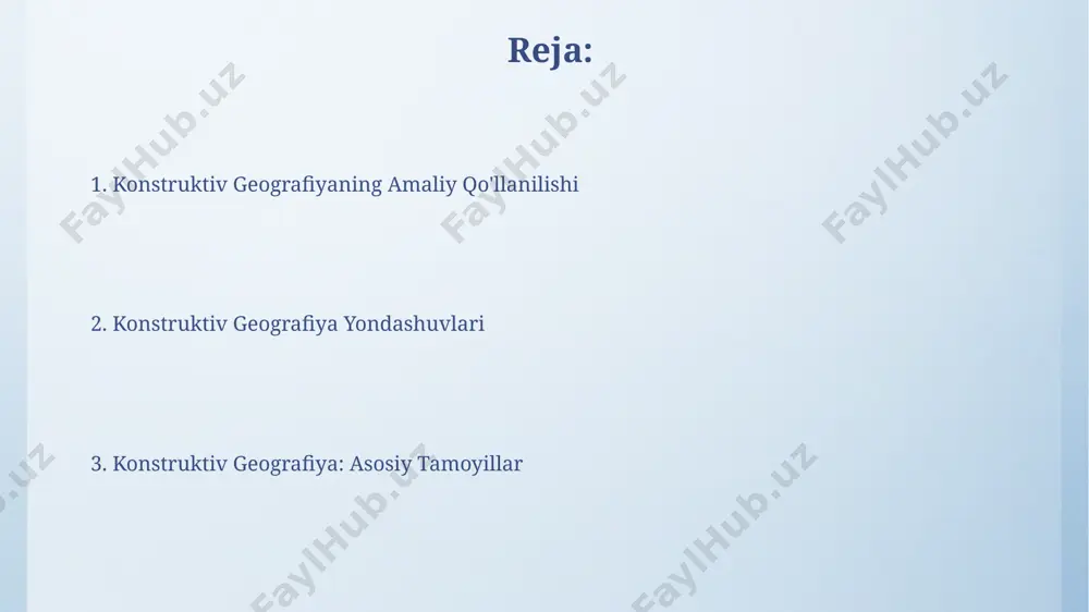 esurslardan oqilona foydalanish qoraqalpog'iston respublikasida shamol energiyasi potentsiali yiliga 15000 gv soat elektr energiyasi ishlab chiqarishga imkon beradi, bu esa ekologik toza energiya manbalaridan foydalanish samaradorligini oshiradi. surxondaryo viloyatining unumdor yerlarida 2021-yilda 300 ming gektar maydonda tomchilab sug'orish texnologiyasi qo'llanilishi natijasida suv sarfini 30% ga kamaytirishga erishildi. konstruktiv geografiyaning mohiyati o'zbekistonning 10 ta viloyatida amalga oshirilayotgan qishloq xo'jaligi yerlarini optimallashtirish loyihasi konstruktiv geografiyaning amaliy qo'llanilishi bo'lib, hosildorlikni 15% ga oshirishni maqsad qilgan. konstruktiv geografiya, masalan, toshkent shahridagi 5 ta yangi parkning joylashuvini rejalashtirishda, ekologik muhofaza qilish va ijtimoiy ehtiyojlarni hisobga olgan holda, 2025 yilgacha amalga oshiriladigan 3 bosqichli strategiyani o'z ichiga oladi. shahar rejalashtirish va dizayni toshkentda ekologik jihatdan toza shahar transporti tizimini yaratish bo'yicha 5 yillik reja, velosiped yo'llarining uzunligini 300 km ga oshirishni va jamoat transportidan foydalanishni 15% ga ko'paytirishni ko'zda tutadi. shahar rejalashtirish va dizayni samarqand kabi tarixiy shaharlarda 15-asr me'morchiligi elementlarini zamonaviy infratuzilma bilan uyg'unlashtirishga qaratilgan …