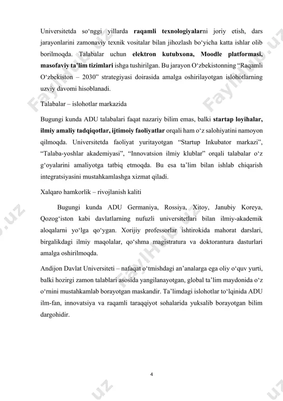 i shart. · har bir xodim mehnat intizomi, ichki nizom, odob-axloq qoidalari, xizmat madaniyati va o‘zaro hurmat tamoyillariga qat’iy amal qilishi lozim. · marketing va talabalar amaliyoti bo‘limida hujjatlar bilan ishlashda maxfiylik va ruxsatsiz axborotni tarqatmaslik bo‘yicha alohida qoidalar mavjud. mazkur bo‘limda faoliyat yuritish orqali men nafaqat amaliy bilimlarga ega bo‘ldim, balki tashkilotda mehnat intizomi va ichki tartibning ahamiyatini chuqur angladim. ichki mehnat tartib qoidalari universitetda ish faoliyatining samaradorligini ta’minlashga, xodimlar o‘rtasida uyg‘unlikni shakllantirishga va xavfsiz ish muhitini yaratishga xizmat qilmoqda. andijon davlat universiteti marketing va talabalar amaliyoti bo'limi tarixi va tashkiliy tuzilishi andijon davlat universiteti (adu) - o‘zining ko‘p yillik ilmiy-pedagogik tajribasi, zamonaviy infratuzilmasi va innovatsion ta’lim yondashuvlari bilan ajralib turadi. universitet tarkibida faoliyat yuritayotgan marketing va talabalar amaliyoti bo‘limi esa ta’lim va mehnat bozorini bog‘lovchi muhim bo‘g‘in hisoblanadi. bo‘lim tarixi: marketing va talabalar amaliyoti bo‘limi adu tarkibida mamlakatda oliy ta’lim tizimini modernizatsiya qilish va bitiruvchilarning bandligini ta’minlash borasidagi …