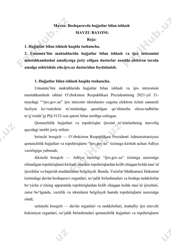 shkilotlari, mahalliy ijro etuvchi hokimiyat organlari, xo‘jalik birlashmalari qonunchilik hujjatlari va topshiriqlarni to‘liq va o‘z vaqtida bajarilishini ta’minlaydi va bu haqda “ijro.gov.uz” tizimiga belgilangan shakldagi ma’lumotlarni kiritadi; to‘rtinchi bosqich — adliya vazirligi qonunchilik hujjatlari va topshiriqlar ijrosi bo‘yicha mas’ul ijrochilar tomonidan “ijro.gov.uz” tizimiga kiritilgan ma’lumotlar to‘liqligi va haqqoniyligini tekshiradi, ularni tasdiqlaydi yoki mas’ul ijrochiga qayta ishlashga jo‘natadi, shuningdek, qonunchilik hujjatlari va topshiriqlar ijro holati to‘g‘risidagi umumlashtirilgan ma’lumotlarni har oyda vazirlar mahkamasiga kiritib boradi; beshinchi bosqich — vazirlar mahkamasi “ijro.gov.uz” tizimida hukumat tizimidagi davlat boshqaruvi organlari, xo‘jalik birlashmalari va boshqa tashkilotlar tomonidan kiritilgan hamda adliya vazirligi tomonidan tekshirilgan ma’lumotlar to‘liqligi va haqqoniyligini tekshiradi, ularni tasdiqlaydi yoki mas’ul ijrochiga qayta ishlashga jo‘natadi, shuningdek, har oyda rayosat majlislarida qonunchilik hujjatlari va topshiriqlar ijrosi natijadorligini tanqidiy ko‘rib chiqadi va o‘zbekiston respublikasi prezidenti administratsiyasiga tegishli takliflar bilan birgalikda umumlashtirilgan ma’lumot kiritadi; oltinchi bosqich — hisob palatasi “ijro.gov.uz” tizimida mas’ul ijrochilar tomonidan kiritilib, adliya vazirligi va …