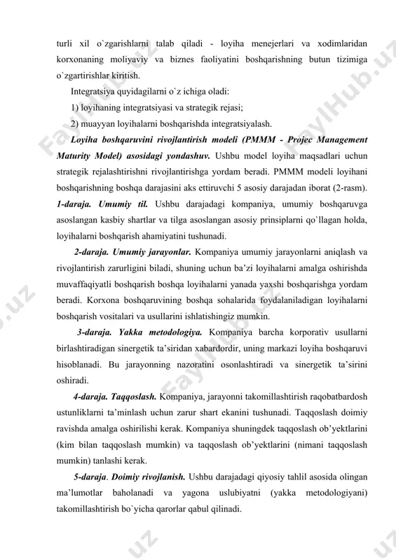 shlab chiqarilishi, sotilishi va boshqalar izchil bo`ladi. ushbu yondashuv dizayn oldi (loyiha oldi) deb atalishi mumkin, chunki natijalarni belgilaydigan dastlabki tadqiqot, mahsulotni yaratish uchun loyihaning muddatini va samaradorligini belgilaydi. rivojlangan bozor iqtisodiyotiga ega bo`lgan mamlakatlarda loyihalarni boshqarish va uni takomillashtirish deyarli bir vaqtning o`zida amalga oshirilsa, ichki sharoitda ikki asosiy tendensiya aniqlanishi mumkin: - loyihani boshqarishning g`arb prinsiplarini tushunish va qabul qilish; - mahalliy loyihalarni boshqarish tizimini dunyoga integratsiyalash. har ikki tendensiya deyarli bir vaqtning o`zida paydo bo`ladi. eng ilg`or professional jamoalar, ilg`or loyiha yo`naltirilgan korxonalar va o`quv markazlari. qolgan korxonalar loyihani boshqarishning amaliy ishlarini amalga oshirish imkoniyatlarini ko`rib chiqishadi. an’anaviy loyiha yo`naltirilgan tarmoqlar doirasida loyiha boshqaruviga o`tish muqarrar, ammo o`tish jarayoni yetarli darajada professional kadrlar tayyorlanmaguncha uzoq vaqt davomida davom etishi mumkin. shu vaqt mobaynida an’anaviy tarzda loyiha yo`naltirilgan metodologiyadan biznes jarayonlarini o`zaro tushunish va rivojlantirishni tushunishning bir burilish nuqtasi bo`ladi. har qanday boshqaruv odamlarning qarorlar va harakatlariga asoslangan, …