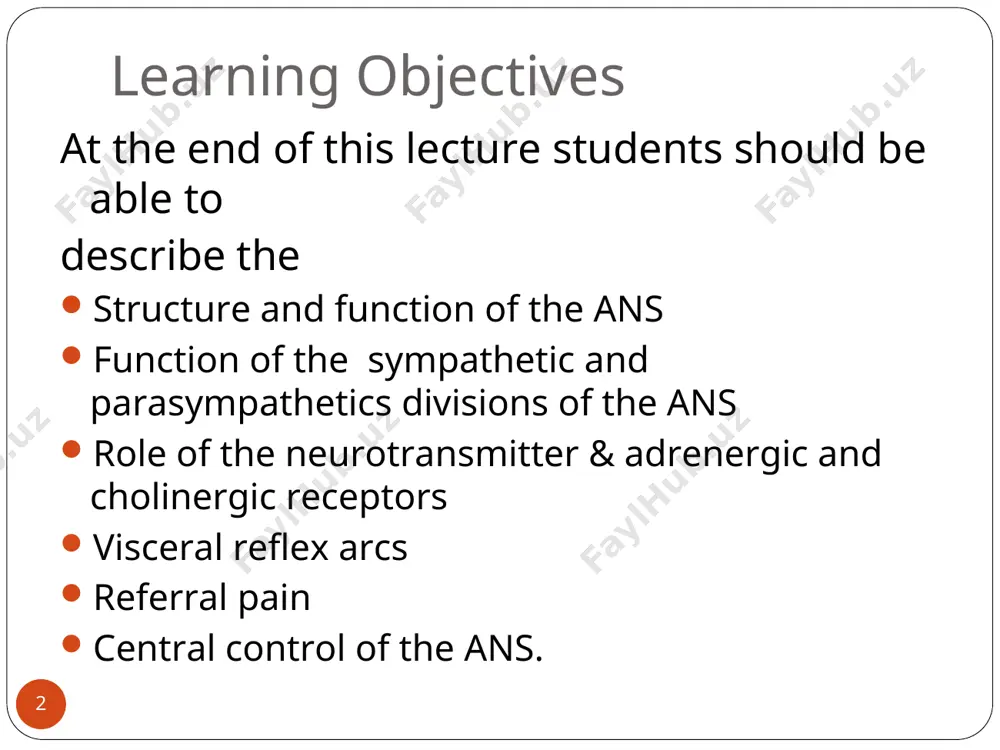 ed and the receptor type of the effectors comparison of somatic and autonomic systems divisions of the ans ans divisions: sympathetic and parasympathetic the sympathetic mobilizes the body during extreme situations the parasympathetic performs maintenance activities and conserves body energy the two divisions counterbalance each other parasympathetic division outflow vagus nerve carries nearly 80% of the total craniosacral flow. cranial outflow cranial nerve ganglion effector organ(s) occulomotor (iii) ciliary eye facial (vii) pterygopalatin submandibular salivary, nasal, and lacrimal glands glossopharyngeal (ix) otic parotid salivary glands vagus (x) located within the walls of target organs heart, lungs, and most visceral organs sacral outflow s2-s4 located within the walls of the target organs large intestine, urinary bladder, ureters, and reproductive organs structure of the parasympathetic division * role of the parasympathetic division concerned with keeping body energy use low involves the d activities – digestion, defecation, and diuresis its activity is illustrated …