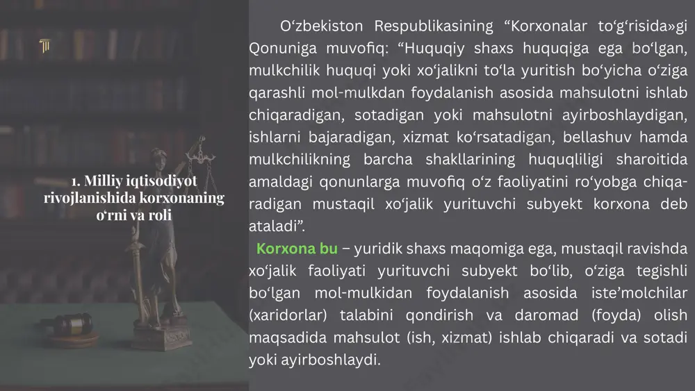 tlar; tashkiliy-huquqiy munosabatlarda korxona huquqiy shaxs sifatida faoliyat yuritadi; moliyaviy-iqtisodiy munosabatlarda korxona – bu, tarmoqning mustaqil bo‘g‘ini bo‘lib, o‘z-o‘zini moliya bilan ta’minlash, o‘z-o‘zini boshqarish, ya’ni bozor munosabatlari tamoyillarida faoliyat yuritadi. korxona o‘ziga tegishli va xo‘jalik boshqaruvidagi xususiy mulkka ega bo‘lib, ushbu mulk uning faoliyati moddiy-texnikaviy imkoniyatlarini, iqtisodiy mustaqilligi va ishonchliligini ta’minlaydi; 1 korxona kreditorlar, jumladan, davlat bilan o‘zaro munosabatlardagi majburiyatlar yuzasidan o‘z mulki bilan javob berish xususiyatiga ega bo‘ladi; 2 korxona xo‘jalik aylanmasida o‘z nomidan harakat qilishi mumkin, mahsulot (ish, xizmat) iste’molchilari, xomashyo va asbob-uskuna yetkazib beruvchilar hamda boshqa huquqiy va jismoniy shaxslar bilan shartnoma tuzish huquqiga ega; 3 korxona qonunchilikka asosan sudda da’vogar va javobgar sifatida qatnashish huquqiga ega; 4 korxona mustaqil balans yoki smetaga ega bo‘lib, ishlab chiqarish va mahsulot savdosi xarajatlarini hisobga olib boradi hamda davlat organlari tomonidan belgilangan tartibda o‘z vaqtida hisobotlarni taqdim etadi; 5 korxona o‘z firma nomiga ega bo‘lib, unda korxonaning tashkiliy-huquqiy shakli o‘z …