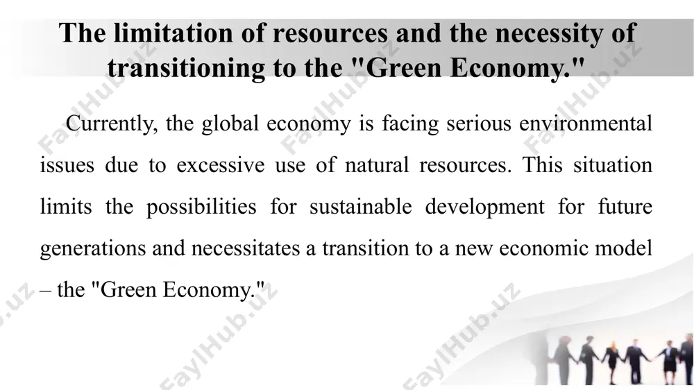 ited resources: renewable resources although these resources can replenish over time, excessive use and mismanagement can lead to their scarcity. examples include: freshwater – essential for drinking, agriculture, and industry, but many regions face severe water shortages. forests – provide oxygen, store carbon, and support biodiversity, but deforestation is occurring at alarming rates. fisheries and marine life – overfishing has led to the decline of many species, affecting ecosystems and food supply. the necessity of transitioning to the "green economy" the "green economy" is an economic model focused on the efficient use of natural resources, reduction of environmental damage, and ensuring long-term sustainable development. the modern world is facing serious environmental, economic, and social challenges due to unsustainable resource consumption, climate change, and environmental degradation. as a result, transitioning to a "green economy" has become a necessity to ensure long-term sustainability and economic stability. what is the "green economy"? the …