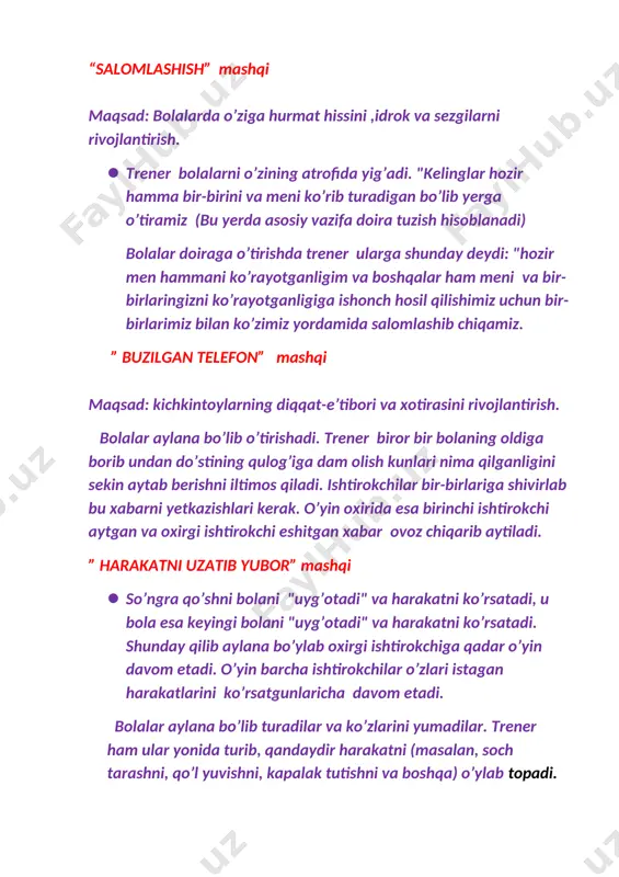 ’ylab topadi. . “kayfiyat” mashqi maqsad: bolalarni o’zlarini namoyon qilishga o’rgatish hamda tafakkur,xotira va tasavvurlarini mustahkamlash. · o’yin qoidasi bo’yicha boshlovchi kayfiyatni (qayg’u, quvnoqlik, xayratlanish, ajablanish va boshqalar) o’ylab topadi. bolalar uni doira bo’yicha qaytarib o’tgunlaricha o’ynash mumkin. so’ngra xohlovchilardan biri boshlovchi bo’ladi. agar bolalardan kimdir boshlovchi bo’lishni xohlasa-yu, lekin qandaydir kayfiyatni o’zi o’ylab topa olmasa, trenar uning o’ziga sekingina qandaydir kayfiyatni aytib yuboradi. “yakunlash” · ishtirokchilardan bugungi o’yin haqidagi tasurotlari so’raladi.hamma o’yinlar haqidagi fikrlarini aytadi.o’yin jarayonida qanday mashqlar ularga yoqqan va yoqmaganligi haqidagi fikrlari eshitiladi. keyin hammalari baland ovozda birgalikda ,biz sog’lom va zukko bolalarmiz, deb aytadilar, qo’llarini tepaga ko’tarib, silkitatilar. /docprops/thumbnail.wmf sirdaryo viloyati sayxunobod tumani 34 - maktabning amaliyotchi psixologi do ’ stnazarova nargizaning “psixik jarayonlarni korreksiyalash” nomli trening mashg’uloti ¹ mashqlarning nomlari vaqti (45 daqiqa) 1 “salomlashish” 5 daqiqa 2 “guruhiy qoidalar” 5 daqiqa 3 ” buzilgan telefon” 10 daqiqa 4 “harakatni uzatib yubor” 10 daqiqa 5 …