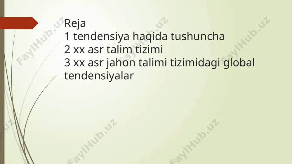 zimini demokratlashishga intilish 2 shaxsga talim olish xuquqining toliq taninlanishi 3 malumot olishga ijtimoiy iqtisodiy omillarning tasiri 4 oquvchilarning qobilyatlarini rivojlantirishga tadbirlar kolamining oshishi 5 talim xizmatlarining bozorini osishi 6 oliy talim tarmoqlarining kengayishi va talabalarning ijtimoiy tarkibini ozgarishi 7 rivojlangan davlatlar tomonidan talim moliyalashtiriladigan obyektga aylanishi 8 talim dasturlarini doimiy yangilash va modernizatsiyalash 9 ortacha ozlashtirishdan har bir oquvchining oziga xoslikni ochish 10 rivojlanishda nuqsoni bor bolalar bilan talimda qoshimcha resurslarni izlab topish jaxon talimi muamolarini xal qilishda yirik xalqaro loyixalar bor 1- lingva - kichik sinflardan boshlab chet tillarini organish 2-evrika- sharqiy yevropa davlatlar bilan amalga oshiralayotgan tadqiqotlarni uygunlashtirish esprit- yangi axborot texnologiyalarni yaratish maqsadida yevropa universitetlari kompyuter kuch va imkoniyatlarini birlashtirish eipdas-arab davlatlarida talimni rejalashtirish va boshqarishni takomillashtirishga qaratilgan dastur tempus- yevropa ittifoqlarining hamkor davlatlarida oliy talimni rivojlantirishga yonaltirilgan dastur iris- xotin qizlarning kasbiy talim olishga imkoniyatlarini kengaytirishga yonaltirilgan loyixa /docprops/thumbnail.jpeg