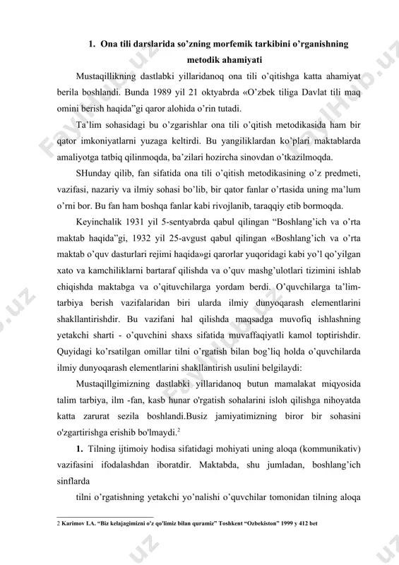 ’zgarishlar yuzasidan o’qituvchi va o’quvchilarning kuzatishlari bolalarda dunyoni bilish haqidagi tasavvurini shakllantirishga mos material beradi. tildan bilim berishda o’quvchilarning hayotiy tajribasiga tayanish muhimdir. o’qituvchi nazariy xarakterdagi umumlashtirish zarur bo’lgan daliliy materiallarni yig’ish bosqichida ham, berilgan bilimlarni amaliyotga tatbiq etish uchun ham bolalarning hayotiy tajribasiga, nutqqa oid amaliyotiga tayanadi. tilga oid bilimni o’rganish natijasida o’quvchilar nutq faoliyatining sifati o’zgaradi, ongliligi ortadi. o’tgan asrning 50-70-yillari mobaynida boshlang’ich sinflarda ona tili o’qitish metodikasi sohasida anchagina qo’llanmalar yaratildi. bu yillarda ona tili o’qitish metodikasi fan sifatida rivojlana boshladi, umumiy pedagogi k, didaktik va psixologik xarakterdagi ilmiy tekshirishlarning natijalari ona tili o’qitish metodikasini takomillashtirish va yangi metodika yaratishga imkon berdi. 1955 yildan boshlab pedagogika institutlari qoshida boshlang’ich ta’lim o’qituvchilari tayyorlaydigan fakultetlar ochila boshlandi. til fikrni shakllantirish va bayon qilish, taassurot, his-kechinmalarni ifodalashda muhim o’rin tutadi. til jamiyat a’zolarining bir-biri bilan o’zaro aloqasi uchun xizmat qiladigan vositadir. bu vosita qanchalik takomillashsa, fikr shunchalik aniq, ta’sirchan ifodalanadi. …