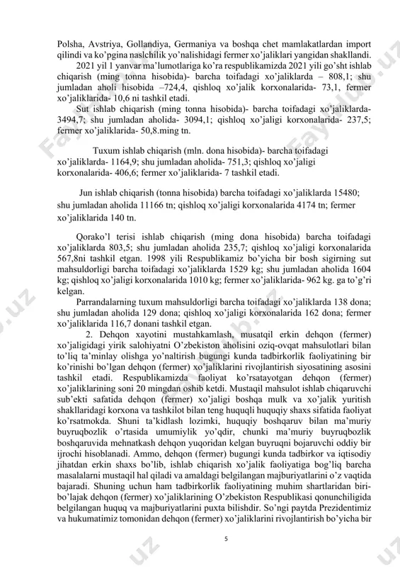 o‘zbekiston respublikasida chorvachilik sohasi va uning tarmoqlarini rivojlantirish bo‘yicha 2022−2026 yillarga mo‘ljallangan dasturni tasdiqlash to‘g‘risida"gi qarori qabul qilindi. hujjat o‘zada e’lon qilindi. hujjatga ko‘ra, o‘zbekistonda chorvachilik sohasi va uning tarmoqlarini rivojlantirish bo‘yicha 2022−2026 yillarga mo‘ljallangan dastur hamda dasturda belgilangan vazifalarni 2022 yilda amalga oshirish bo‘yicha “yo‘l xaritasi” tasdiqlandi. quyidagilar 2022 yil 1 yanvarga qadar: ozuqabop ekinlar yetishtiruvchilar, shuningdek, tomchilatib va yomg‘irlatib sug‘orish tizimlari va ularning butlovchi qismlarini ishlab chiqaruvchilar tomonidan olib kiriladigan, tomchilatib va yomg‘irlatib sug‘orish texnologiyasini joriy etish uchun zarur bo‘lgan butlovchi qismlar va xom ashyolar 7-ilovadagi ro‘yxatga muvofiq bojxona to‘lovlarini to‘lashdan (qo‘shilgan qiymat solig‘i va bojxona rasmiylashtiruvi uchun yig‘imlardan tashqari) ozod etilsin; 4.chorvachilikni rivojlantirish 3 ildizga suyangan holda olib borilishi shart. 1. mamlakatimizda mustahkam em-xashak bazasini yaratish bo’lib, bu masalani amalga oshirish uchun almashlab ekish, oraliq va takroriy ekinlarni joriy etish asosida xashaki ekinlar hosildorligini oshirish 2. barcha mulk shaklidagi chorvachilik xo’jaliklarida naslchilik ishlarini andozalar asosida yo’lga qo’yish. …