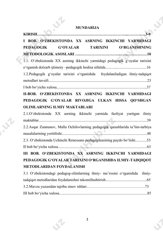 ................85 xulosa................................................................................................................86 glossariy..........................................................................................................88 foydalanilgan adabiyotlar ro‘yxati.........................................91 ilovalar............................................................................................................96 kirish magistrlik dissertatsiyasi mavzusining asoslanishi va uning dolzarbligi. yangicha tafakkurning shakllanishida, millatning o‘zligini anglashida ma’naviy va madaniy merosimizning, milliy qadryatlarimizning o‘rni va roli muhim ahamiyatga molikdir. o‘zbek madaniyatini, jahon xalqlari madaniyatining rivojlanish xususiyatlarini chuqur bilish yosh davlatimizni ma’naviy jihatdan tiklash sohasidagi siyosatining asosi qilib belgilandi. ushbu vazifani hal etishda o‘tmish ma’naviy merosimizni tiklab, umuminsoniy qadriyatlarga asoslangan dunyoqarashimizni shakllantirish, ma’naviy o‘zligimizni bugungi hayotimizga tadbiq etishda muhim ahamiyatga ega. o‘zbekistonning mustaqillikka erishganidan keyin ta'lim sohasida ilmiy va pedagogik izlanishlarning yangi bosqichini boshdan kechirayotgan bir davrda dolzarb hisoblanadi. bu davrda pedagogik g‘oyalar va ularning tarixiy rivojlanishi, shuningdek, bu jarayonlarni o‘rganish usullari va metodlari alohida ahamiyat kasb etadi. mustaqillikdan keyingi davrda o‘zbekistonda pedagogik ta'lim va tarbiya tizimida tub o‘zgarishlar yuz berdi. bu o‘zgarishlar kontekstida xx asrning ikkinchi yarmida shakllangan pedagogik g‘oyalar va ularning amaliyotga tatbiqi yangidan qayta ko‘rib chiqilishi kerak. bu, o‘z navbatida, mazkur davrda yaratilgan pedagogik …