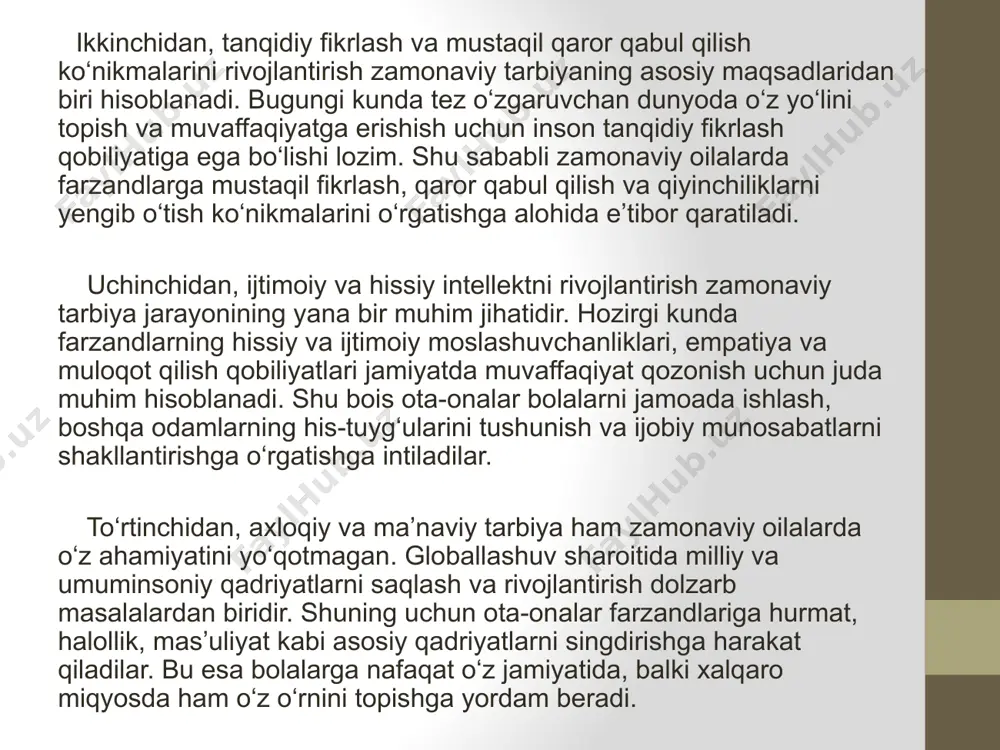 dagi urf –odatlar marosimlarning ahamiyati. reja: 1.o’zbek oilasidagi urf-odatlar. o’zbek oilasining o’ziga xosligi. oila tuzulishi va rollari. o’zbek oilasidagi erkak va ayolning roli. 2.o’zbek urf –odatlari. nikoh. 3.marosimlar va ularning ahamiyati. o’zbek marosimlarining turlari. oʻzbek oilasidagi urf-odatlar va marosimlar oila va jamiyatni mustahkamlashda, yosh avlodni milliy qadriyatlar asosida tarbiyalashda katta ahamiyatga ega. ushbu marosimlar nafaqat oila a’zolari orasidagi rishtalarni mustahkamlaydi, balki ijtimoiy birlikni saqlash, bir-biriga mehr-muruvvat ko‘rsatish va an’analarni kelajak avlodlarga yetkazishda muhim rol o‘ynaydi. o‘zbek oilalarida urf-odatlar va marosimlar quyidagi jihatlari bilan ajralib turadi: 1. oilaviy birdamlik va jamiyat bilan bog‘liqlikni ta’minlash har bir marosim – to‘ylar, sunnat to‘ylari, kelin-kuyov marosimlari yoki hayit bayramlari – oilani birlashtiradi. bu tadbirlar nafaqat oila a’zolarini, balki butun mahallani ham yig‘adi va o‘zaro munosabatlarni mustahkamlaydi. birgalikda o‘tkaziladigan marosimlar jamiyatni birlashtiradi, o‘zbek oilalari orasida kuchli bog‘liqlikni shakllantiradi va “yolg‘izlik” tushunchasini yo‘qqa chiqaradi. 2. o‘zaro mehr-oqibat va yordam marosimlar, ayniqsa to‘y yoki motamda, oilalar bir-birlariga …