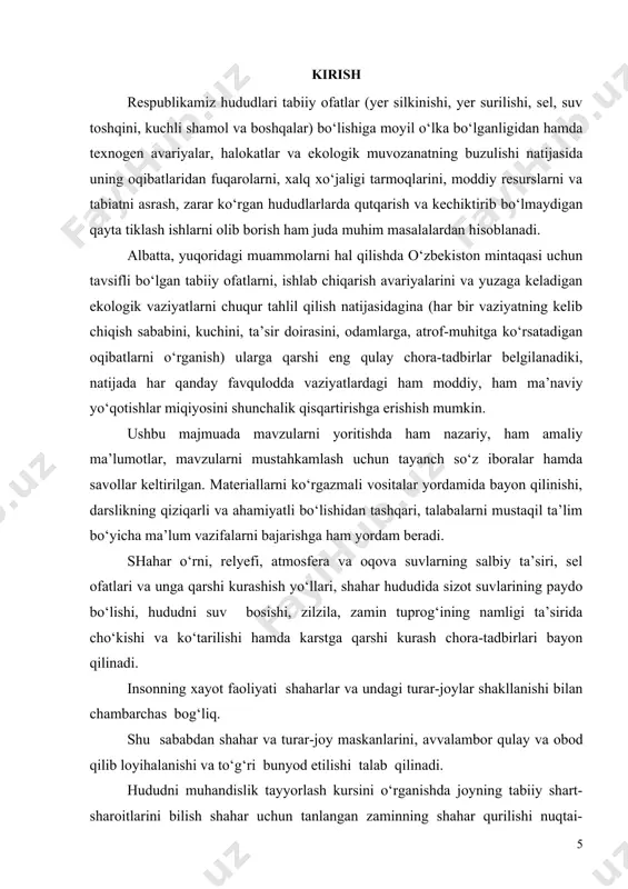 dda injenerlik tayyorgarlik ishlari qay darajada amalga oshirilganligiga bog‘liq. shuningdek, tanlangan joyning tabiiy sharoiti va relyefining murakkabligi ham shaharsozlikka qo‘yiladigan talablarga to‘g‘ridan-to‘g‘ri ta’sir qiladi. qurilish uchun sharoiti qulay bo‘lgan joylar ortiqcha ishlarni talab qilmaydi. ammo, shahar bunyod etiladigan hududda ko‘chki xavfi bo‘lishi, yer osti sizot suvlari sathining ko‘tarilishi va shuningdek, gruntning boshqa fizik-mexanik hodisalari inobatga olinadigan bo‘lsa, injenerlik tayyorgarlik ishlari murakkablashib ketadi. shuning uchun ham injenerlik tayyorgarlik ishlari texnik-iqtisodiy jihatdan o‘zini oqlasagina amalga oshiriladi. fuqaro muhofazasi talablari asosida shaharlarning maqbul rejasini tuzish va amalga oshirishda mavjud shahar hududida foydalanilmay qolgan ba’zi zahira hududlardan ham foydalanish yo‘llarini qidirishni talab etadi. shu maqsadda “noqulay” deb hisoblangan joylarni ham fuqaro muhofazasi va shaharsozlik talablari asosida o‘zlashtirish amaliy ahamiyatga egadir. botqoqlik, jarliklar, suv bosadigan pastqam hududlar va boshqalar ana shunday “noqulay” joylar sirasiga kiradi. joylarda bunyodkorlik ishlarini amalga oshirish uchun rejalashtirish jarayonida shahar hududidagi turar joy va tarixiy yodgorlik inshootlari, ko‘kalamzorlar, qadimiy daraxtzorlar va …