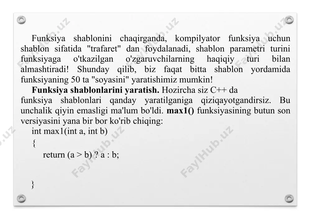 eb ataladi. keling, buni amalda ko'rib chiqaylik. birinchidan, funksiya shablonini yaratamiz: template // funksiya shablonining parametr deklaratsiyasi const t& max(const t& a, const t& b) { return (a > b) ? a : b; } keyin biz funksiya shablonini chaqiramiz: int i = max (4, 8); // max (int, int) chaqiriladi kompilyator ikkala raqam ham butun son ekanligini ko'radi, shuning uchun u funksiya shablonini ko'chiradi va max(int, int) shablonini yaratadi: const int& max(const int &a, const int &b) { return (a > b) ? a : b; } bu endi "oddiy funksiya”. aytaylik, biz max() funksiyasini qayta chaqirishimiz kerak, lekin boshqa ma'lumotlar turi bilan: double d = max(7.58, 19.378); // max(double, double) chaqiriladi c ++ tili avtomatik ravishda shablonning max (double, double) nusxasini yaratadi: const double& max(const double &a, const double &b) { return (a > b) ? a : b; } va keyin uni kompilyatsiya qiladi. shuni ham ta'kidlash …