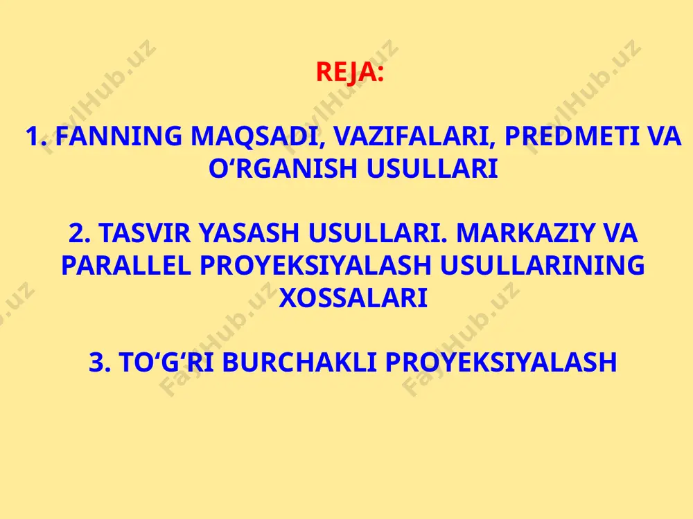 taning parallel proyeksiyasi nuqta bo‘ladi. 2-xossa. proyeksiyalovchi nurda yotuvchi barcha nuqtalarning proyeksiyalari bitta nuqtada bo‘ladi. 3-xossa. proyeksiyalash yo‘nalishiga parallel bo‘lmagan to‘g‘ri chiziqning proyeksiyasi to‘g‘ri chiziq bo‘ladi. masalan,ushbu rasmda s proyeksiya yo‘nalishiga parallel bo‘lmagan ab to‘g‘ri chiziq kesmasi proyeksiyalar tekisligi p ga parallel proyeksiyalangan. bunda ab kesma nuqtalaridan o‘tuvchi nurlar proyeksiyalovchi q tekislikni hosil qiladi. bu proyeksiyalovchi tekislik bilan p proyeksiyalar tekisligi apbp kesma bo‘yicha kesishadi. proyeksiyalash yo‘nalishiga parallel bo‘lgan to‘g‘ri chiziqning parallel proyeksiyasi nuqta bo‘ladi. ushbu rasmda cd to‘g‘ri chiziq kesmasi proyeksiya yo‘nalishi s ga parallel. uning p dagi proyeksiyasi cp≡dp nuqta bo‘ladi. 4-xossa. ab to‘g‘ri chiziq kesmasiga tegishli e nuqtaning parallel proyeksiyasi ep shu to‘g‘ri chiziq proyeksiyasi apbp kesmaning ustida bo‘ladi. parallеl proyeksiyalash usulining xossalari 5-xossa. agar nuqta to‘g‘ri chiziq kesmasini biror nisbatda bo‘lsa, bu nuqtaning proyeksiyasi ham kesma proyeksiyasini shunday nisbatda bo‘ladi. biror s nuqta ab kesmani ac:cb=r:q nisbatda bo‘lsa, unda cp nuqta apbp kesmani ham apcp:cpbp=r:q nisbatda …