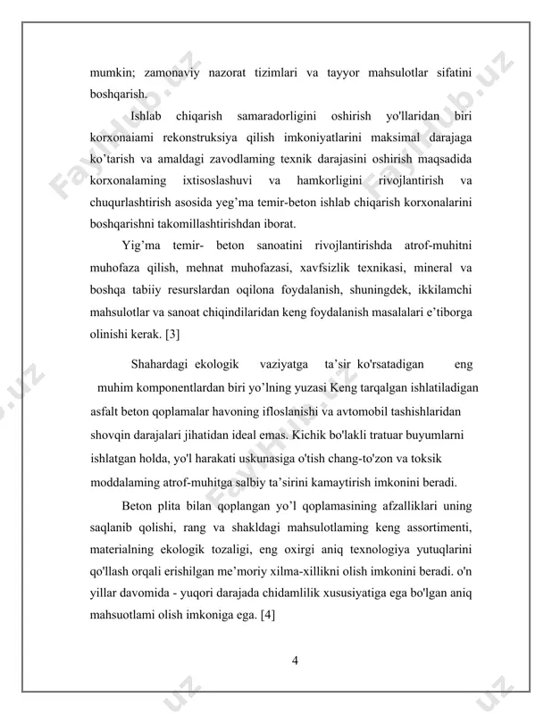mir-beton yo'l plitalarinr ishlab chiqarish bo'yicha zavodni loyihalash. "yo’l plitalari zavodi" diplom loyihasining mavzusi yo'l qurilishida sanoatni rivojlantirish istiqbollariga javob beradigan tarzda zarur hisoblanadi. i.texnologik qism 1.1. mahsulot nomenklaturasi aerodrom plitalari o'rtacha zichligi 2200 dan 2500 kg / m3 gacha bo'lgan m400 - m800 markali og'ir betondan, shu bilan birga kamida b30 bosim kuchiga ega bo'lishi kerak. betonning normallashtirilgan o'tkazuvchanligi va temperaturali bosim kuchi beton sinfining kamida 70% bo'lishi kerak. beton plitalarning sovuqqa chidamliligi kamida f200 bo'lishi kerak. aerodrom plitalari 14-18 santimetrga yaqin qalinlikda bo'lgan ingichka tog’ri to’rtburchak temir beton plitalardir. ushbu mahsulotlar zo’riqtirilgan yoki zo’riqtirilmagan armaturalar asosida amalga oshiriladi. temir-beton plitalarning ishchi yuzasiga ishlov berilgan bo’ladi. aerodrom plitalalari asosan b30 va b60 klassli og’ir betondan tayyorlanadi. konstruksiyada po’lat sterjenlarning qo’llanilishi uning texnik xususiyatlarini saqlab qolish va uzoq yillarga xizmat qilishga yordam beradi. zo’riqtirilgan plitalarni ishlab chiqarish uchun ат-5, ат-4, а-5 klassdagi armaturalar qo’llaniladi. zo’riqtirilmagan plitalrda esa a-3c, а-3 и …