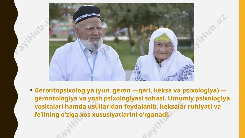 il) — bu yangi ijtimoiy status, yangi rolni egallash. iii. keksalik davri (nafaqaga chiqqandan so‘ng bir necha yildan keyin sog’liqning jiddiy yomonlashuvigacha bolgan davr) bunda inson yangi ijtimoiy statusni egallab olgan boladi i keksalarning salbiy tiplari: 1) agressiv, maxmadonalar; 2) o‘z hayotidan norozi, baxtsiz, muvaffaqiyatsiz keksalar. keksalik davrida paydo bo’lgan yangi psixologik tuzilma — bu hayotiy donishmandlik hamda ruhning chuqur qatlamlari bilan yashash qobiliyatidir amerika psixologlari tadqiqotlarida nafaqaga chiqqan erkaklar o‘rganilib, 5 xil shaxs tiplari o‘rganilgan. konstruktiv tip — ichki muvozanat, ijobiy emotsional kayfiyat, o‘ziga nisbatan tanqidiylik va boshqalarga nisbatan chidamlilik bilan tavsiflanadi bog’liq tip - ijtimoiy qabul qilingan va yaxshi moslashgan tip. yuksak hayotiy va kasbiy intilishlar bolmaganida turmush o‘rtog‘iga yoki farzandiga bo‘ysunadi. himoyalanuvchi tip — zo‘r berib doimiy faollik orqali 0‘zo‘zini ta’minlashga intilish. nevrotik tip sifatida baholanadi. agressiv-ayblovchi tip — bunday keksalar shaxsiy muvaffaqiyatsizliklari uchun aybni boshqalarga to‘nkaydi, shubhalanuvchan va birdan tutoqib ketadi. 0‘z-o‘zini ayblovchi tip — passivlik, …
