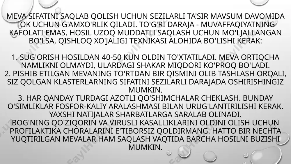 cha qorong'i bo'lishi kerak. saqlash joyi oldida xonadan ohak bilan oqlangan, oltingugurt bilan o'ralgan va sovutiladi. quruq salqin tunlarda, albatta, havo o'tkazishga sarflansin. kunduzi va yomg'ir paytida xonani yopiq qoldiradilar. tanlangan uzum tanlovini yaxshi tayyorlangan xona kutmoqda. u hosilni yig'ib olish va qo'lda mavjud bo'lgan uskunalarga qarab, bir necha usullar bilan saqlashga topshirilishi mumkin. asosiy, tasdiqlangan usullarni sanab o'tamiz. tayyorlangan cho'tkalarni uzun sarmoyadorlar bilan birlashtirilishi mumkin, ular chiroqqa, kabelga yoki gorizontal yordamga tashlanadi. birinchi klaster bir uchiga, ikkinchi qismi ikkinchisiga biriktiriladi. uzumlar devorlarga va metall buyumlarga tegmasliklari uchun osilgan. fırçalar turli balandliklarda joylashtiriladi va ular bir-biriga tegmaydi. xuddi shu holatlarni kuzatib turadigan bo'lsak, chiziqlarni silsilaga yoki meva novdasining bir qismini keskin simga, ipga, gorizontal nurga mahkamlash mumkin. oshxona, chodir, kommunal xonalar saqlash uchun javob uzumning oz miqdori mevali novdalarning bir qismi bilan saqlanishi mumkin. usul so'qmoqlarning o'sishi bilan o'xshashdir. meva har tomondan ikkita internodagi filial bilan birga kesiladi. shamolning pastki …