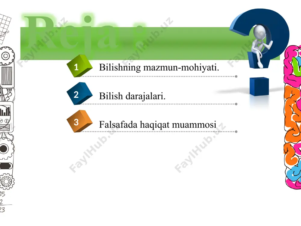 iy daraja . bilish darajalarini quyidagi turlarga ajratish mumkun : hissiy bilish (jonli mushohada)– narsa-voqea, hodisalarning inson ongida bevosita aks etish jarayoni . aqliy (mantiqiy) bilish – narsa, hodisalar mohiyati, aloqa munosabatlarini bilish . 01 02 bilish bosqichlari : 1 2 3 sezgi ; idrok ; tasavvur . hissiy bilish shakllari: aqliy (mantiqiy) bilish shakllari: 1 tushuncha ; 2 hukm (mushohada); 3 xulosa . 03 intuitiv bilish – g`ayrishuuriy bilish, to`satdan bilish. haqiqat – bilishning bosh maqsadi . haqiqat – olamdagi narsa va hodisalarning inson ongida to`g`ri aks etishi, bilimlarimizning obyektiv reallikka mos kelishi . haqiqatning shakllari : obyektiv haqiqat ; absolyut (mutlaq) va nisbiy haqiqat ; konkret va abstrakt haqiqat . gnoseologiyada haqiqat muammosi : e’tiboringiz uchun rahmat ! image2.jpg image3.png image4.png image5.png image6.jpeg image7.jpeg image8.jpg image9.png image10.jpg image11.jpeg image12.png image13.png image14.png image15.png image16.jpeg image17.jpeg image18.jpeg image1.jpg