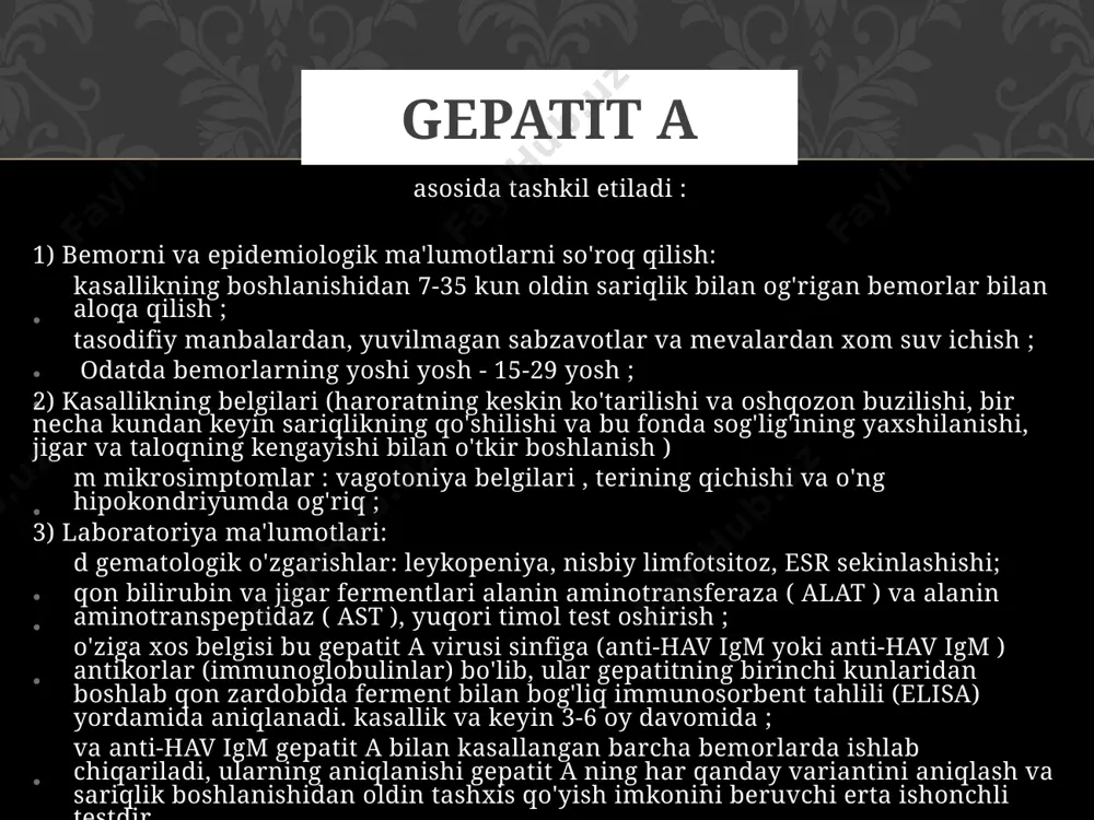 ohlik aralashuvlar, terining yoki shilliq pardalarning yaxlitligini buzish bilan bog'liq boshqa manipulyatsiyalar ; tasodifiy jinsiy aloqa, gepatit b virusi tashuvchilari yoki surunkali jigar kasalliklari bo'lgan bemorlar bilan kasallikning boshlanishidan 6 haftadan 6 oygacha bo'lgan davrda yaqin aloqada bo'lish ; 2) klinik ma'lumotlar : asta-sekin boshlanish, og'ir zaiflik va ovqat hazm qilish buzilishi, bo'g'imlarda og'riqlar va toshmalar, sog'lig'ining yaxshilanmasligi yoki sariqlik paydo bo'lishi bilan yomonlashishi, jigar kengayishi bilan uzoq davom etadigan 3) laboratoriya ma'lumotlari aniqlashga asoslanadi: b sitolizning yokimyoviy belgilari, namuna normal bo'lib qoladi. gepatit b delta infektsiyasi bilan qo'shilganda, mezenximal yallig'lanish, kolestaz va hbv belgilari aniqlanadi; gemogrammadagi o'zgarishlar: leykopeniya, limfotsitoz, esrning pasayishi; qonda jigar fermentlari ko'payadi va timol ( gepatit d virusi) kasalligi o'tkirroq boshlanadi va yanada og'irroq bo'lib, aniqroq alomatlar va aniq laboratoriya o'zgarishlari bilan; gepatit b hbsag bilan parallel ravishda aniqlanadigan m sinf immunoglobulinlarini ( igm ) aniqlashdir . shuni hisobga olish kerakki, hbsag uchun qon testining salbiy …