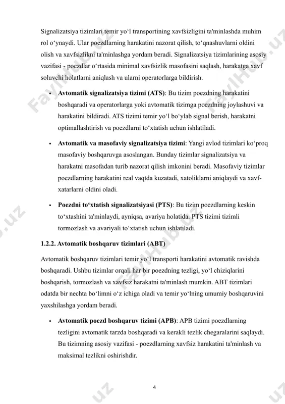 larining samarali ishlashini ta'minlash uchun avtomatika va telemexanika tizimlarining integratsiyalashuvi muhimdir. bu tizimlar bir-biriga ulanib, birgalikda ishlash orqali temir yo‘l transporti va uning harakatini samarali boshqaradi. · integratsiyalashgan boshqaruv tizimlari: avtomatika tizimlari va telemexanika tizimlari birgalikda ishlashi temir yo‘l tizimlarining ishlashini yanada samarali qiladi. masalan, signalizatsiya va monitoring tizimlari real vaqtda ma'lumotlarni uzatadi, bu esa operatorlarga tezkor qarorlar qabul qilish imkonini beradi. · xavfsizlikni oshirish tizimlari: boshqaruv tizimlari va xavfsizlik tizimlarining integratsiyasi orqali temir yo‘l tizimlarida yuzaga keladigan barcha xavf-xatarlarga tezkor va samarali javob berish mumkin. bu tizimlar poezdlarni to‘xtatish, signal berish va boshqa xavfsizlik tadbirlarini amalga oshiradi. 1.2.4. poezdlar va stansiyalarni avtomatik boshqarish poezdlar va stansiyalarni avtomatik boshqarish tizimlari, shuningdek, transportning samarali harakatini ta'minlashga yordam beradi. bu tizimlar temir yo‘l stansiyalarida poezdlarni joylashtirish va yo‘l chiziqlarini avtomatik ravishda boshqaradi. · poezdlarni avtomatik joylashtirish tizimi (apts): stansiyalarda poezdlarni avtomatik joylashtirish va ularning harakatini boshqarish tizimi. bu tizimlar yordamida poezdlarning harakati …