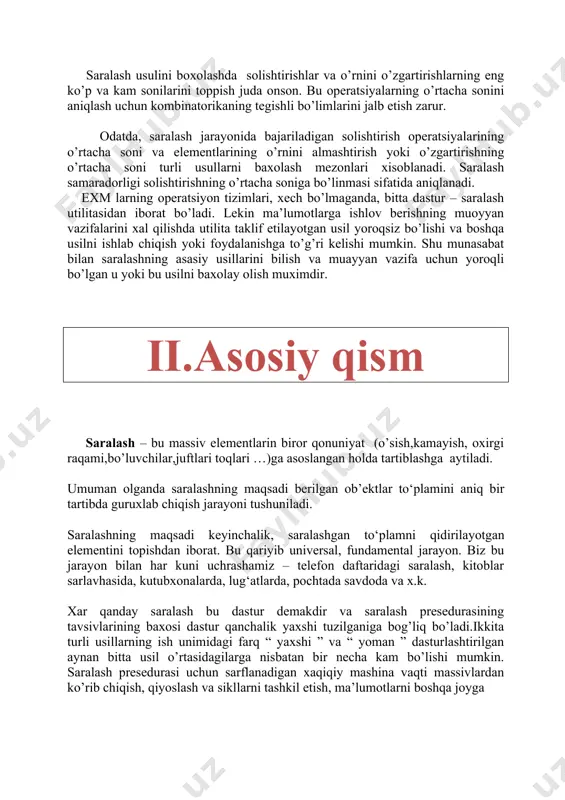 saralash usullari kam mashina vaqtini talab qilishi lozim. eng yaxshi tez algoritmlar tartibidagi saralashlarni talab etadi. bu erda ikkita saralashni farqlash lozim. ichki va tashqi saralash. ichki saralash deganda, massivlarni saralashni, tashqi saralash deganda esa, fayl elementlarini saralashni tushunamiz. algoritmning asosiy xossalaridan biri unga qo‘llanish sferasi(sohasi) bilan bog‘liq. asosan ikkita tur saralashi mavjud: · ichki saralash. boshqacha qilib aytganda, bunday saralash massivlarda saralashni amalga oshiradi. bunda keltirilag n ketma – ketli koperativ xotirada joylashda va bunda ixtiyoriy yacheykaga ruxsatli kirish mavjud. asosan bu erda o‘z joyida saralash amalga oshiriladi. · tashqi saralash. bu erda fayllar ustida saralash amalga oshiriladi. albatta, bunday saralashda vaqt ko‘p ketadi, lekin, o‘lcham jixattan katta ketma-ketliklarni saralash mumkin. faraz qilaylik, bizga elementlar berilgan bo‘lsin, u holda massivni saralash deganda, uni elementlarini o‘rinlariga almashtirish tushuniladi. bu erda, quyidagi tartiblashtirilgan funksiya bajariladi. saralash algoritmlari bajarilish tezligida xotirani effektiv ishlatilishi bo‘yicha baholash. vaqt – bu algoritmni tezligini xarakterlovchi asosiy …