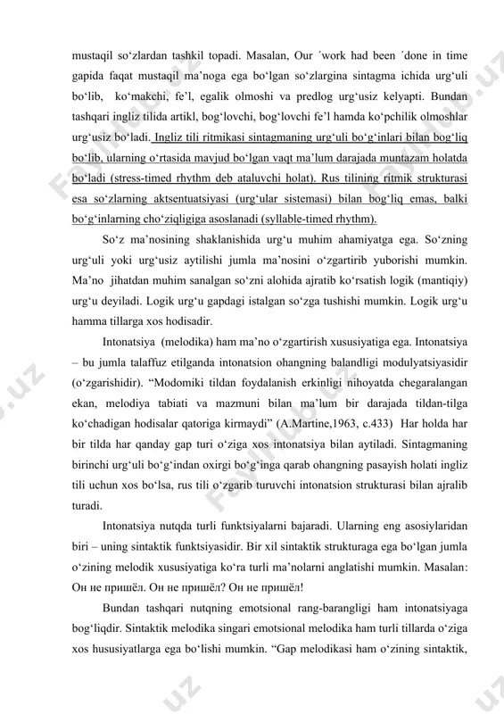 .433) har holda har bir tilda har qanday gap turi o‘ziga xos intonatsiya bilan aytiladi. sintagmaning birinchi urg‘uli bo‘g‘indan oxirgi bo‘g‘inga qarab ohangning pasayish holati ingliz tili uchun xos bo‘lsa, rus tili o‘zgarib turuvchi intonatsion strukturasi bilan ajralib turadi. intonatsiya nutqda turli funktsiyalarni bajaradi. ularning eng asosiylaridan biri – uning sintaktik funktsiyasidir. bir xil sintaktik strukturaga ega bo‘lgan jumla o‘zining melodik xususiyatiga ko‘ra turli ma’nolarni anglatishi mumkin. masalan: он не пришёл. он не пришёл? он не пришёл! bundan tashqari nutqning emotsional rang-barangligi ham intonatsiyaga bog‘liqdir. sintaktik melodika singari emotsional melodika ham turli tillarda o‘ziga хos hususiyatlarga ega bo‘lishi mumkin. “gap melodikasi ham o‘zining sintaktik, morfologik va boshqa хususiyatlari bilan bir qatorda boshqa bir necha tillar bilan taqqoslaymizanda hisobga olinishi kerak bo‘lgan belgilar majmuiga kiradi. intonatsiyaga qarab so‘zni eshitmagan holda qaysi tilda gapirayotganliklarini aniqlash mumkin” (m .i.matusevich,1948, c.76) rus va ingliz tillari fonologik sistemasini taqqoslashga qisqacha xulosa qilib shuni aytish mumkinki, …