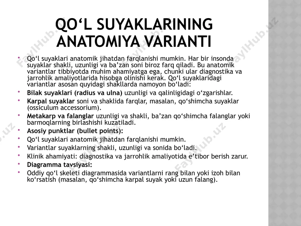 lar tug‘ma yoki travma natijasida paydo bo‘lishi mumkin. diagnostika: klinik tekshiruv va rentgen yordamida aniqlanadi. jarrohlik aralashuv orqali barmoqlarni ajratish mumkin. asosiy punktlar (bullet points): barmoqlar birlashishi bilan tavsiflanadi. yumshoq to‘qima yoki suyak bilan bog‘langan shakllari mavjud. qo‘l funksiyasini cheklashi mumkin. diagnostika va jarrohlik aralashuv muhim. diagramma tavsiyasi: qo‘l skeletining frontal ko‘rinishi, birlashgan barmoqlarni ko‘rsatish. karpal displaziya karpal displaziya – karpal suyaklarning noto‘g‘ri rivojlanishi bilan tavsiflanadigan tug‘ma nuqson. bu holat qo‘l shakli va funksiyasiga ta’sir qilishi mumkin. xususiyatlari: suyaklarning noto‘g‘ri joylashishi yoki shakli, ba’zan suyaklar sonining kamayishi yoki ortishi. klinik belgilari: qo‘l egiluvchanligida cheklanish, harakat qobiliyatining pasayishi. diagnostika: rentgen yoki kompyuter tomografiyasi orqali aniqlanadi. davolash: og‘ir hollarda jarrohlik yo‘li bilan suyaklarni to‘g‘rilash yoki bo‘g‘imni tuzatish. asosiy punktlar (bullet points): karpal suyaklarning noto‘g‘ri rivojlanishi. qo‘l shakli va harakat qobiliyatiga ta’sir qiladi. diagnostika: rentgen, kt. davolash: zarurat bo‘lsa, jarrohlik aralashuv. diagramma tavsiyasi: karpal suyaklarning frontal va lateral ko‘rinishi, displaziya bilan farqlanishini ko‘rsatish. …