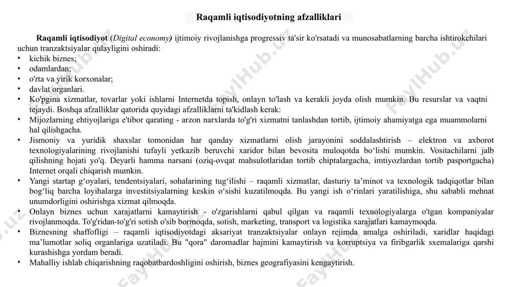 ar yoki tabiiy resurslarning mavjudligi bilan yaratilishi mumkin. tabiiy afzalliklar qishloq xo'jaligi va sanoatda alohida o'rin tutadi. savdo foydali bo'lishi uchun mahsulotning tashqi bozordagi narxi eksport qiluvchining ichki bozoridagi narxidan yuqori va import qiluvchining ichki bozoridagi narxidan past bo'lishi kerak. nazariyaning mohiyati: mamlakatlar o'zlari ishlab chiqaradigan tovarlarni (ishlab chiqarishda mutlaq ustunlikka ega) eksport qiladilar va boshqa mamlakatlar tomonidan ishlab chiqarilgan tovarlarni (ishlab chiqarishda ular bilan savdo qiladigan hamkorlar afzalliklarga ega) import qiladilar.). smitning fikricha, har bir mamlakat biron bir mahsulotda mutlaq ustunlikka ega. biroq, davlat ikkita tovar bo'yicha mutlaq ustunlikka ega bo'lgan yoki hech birida mutlaq ustunlikka ega bo'lgan holatlar mumkin. nazariyaning afzalligi: mutlaq ustunlik nazariyasi mehnat qiymatiga asoslanadi va xalqaro darajada allaqachon mehnat taqsimotining aniq afzalliklarini ko'rsatadi. nazariyaning kamchiligi: mutlaq ustunlik nazariyasi - nima uchun mamlakatlar ma'lum tovarlarni ishlab chiqarishda mutlaq ustunlik bo'lmagan taqdirda ham bir-biri bilan savdo qiladi degan savolga javob bermaydi 2). d.rikardo devid rikardoning qiyosiy ustunlik …