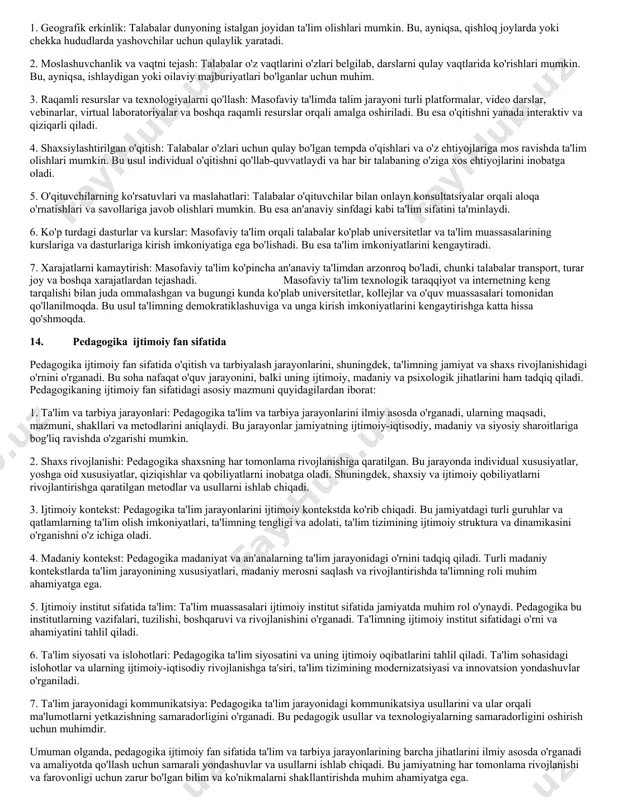 atning iqtisodiy, ijtimoiy, ilmiytexnikaviy va madaniy ehtiyojlarini qondiruvchi ustuvor sohadir. uzluksiz taʼlim ijodkor, ijtimoiy faol, maʼnaviy boy shaxs shakllanishi va yuqori malakali raqobatbardosh kadrlar tayyorlash uchun zarur shartsharoitlar yaratadi. uzluksiz taʼlim tizimining faoliyat olib borishi davlat taʼlim standartlari asosida, turli darajalardagi taʼlim dasturlarining izchilligi asosida taʼminlanadi va maktabgacha taʼlim, umumiy oʻrta taʼlim, oʻrta maxsus, kasbhunar taʼlimi, oliy taʼlim, oliy oʻquv yurtidan keyingi taʼlim, kadrlar malakasini oshirish va ularni qayta tayyorlash, maktabdan tashqari taʼlimni oʻz ichiga oladi. 6. professional talim mazmuni yoritib bering. professional ta’limni amalga oshirish asosan kasb va mutahassislik bo’yicha boshlang’ich professional ta’lim, o’rta professional ta’lim va o’rta maxsus professional ta’limlar tarkibida amalga oshadi. bunda boshlang’ich professional ta’lim kasb-hunar maktablarida 9-sinf bitiruvchilari negizzida bepul asosda kunduzgi ta’lim shakli bo’yicha umumiy o’rta ta’lim fanlarining ikki yillik integratsiyalashgan dasturlari asosida olib boriladi.o’rta profetsional ta’lim kollejlarda davlat buyurtmasi yoki to’lovshartnomasi asosida kasblar hamda mutahassisliklarni murakkabligidan kelib chiqib davomiyligini 2 yilgacha kunduzgi va …