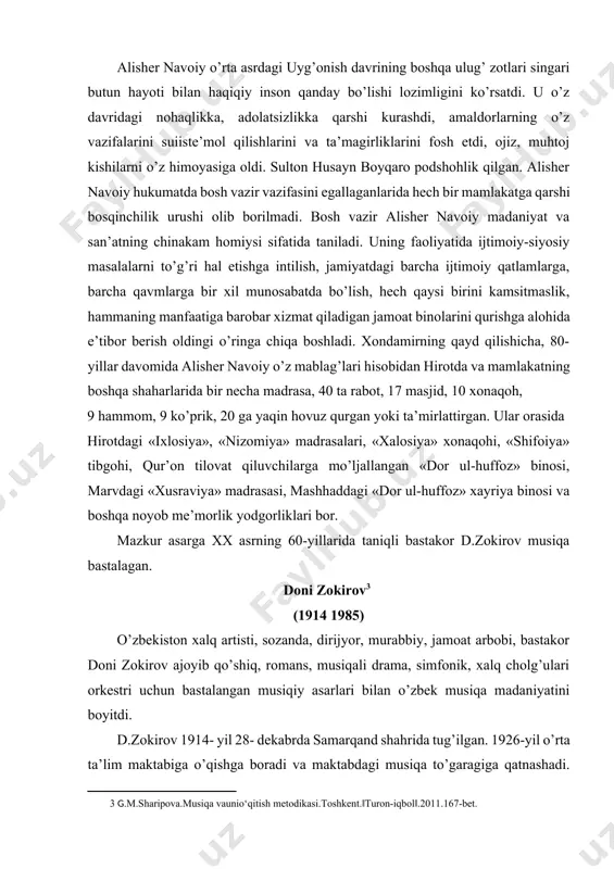 ston xalq artisti, sozanda, dirijyor, murabbiy, jamoat arbobi, bastakor doni zokirov ajoyib qo’shiq, romans, musiqali drama, simfonik, xalq cholg’ulari orkestri uchun bastalangan musiqiy asarlari bilan o’zbek musiqa madaniyatini boyitdi. d.zokirov 1914- yil 28- dekabrda samarqand shahrida tug’ilgan. 1926-yil o’rta ta’lim maktabiga o’qishga boradi va maktabdagi musiqa to’garagiga qatnashadi. nay, dutor, g’ijjak chalishga qiziqadi. mashhur san’atkor muhiddin mavlonovdan o’zbek va tojik xalq musiqa merosi va ijrochilik sirlarini o’rgandi. 1929- yil samarqanddagi n.n.mironov rahbarligidagi musiqa va xoreografiya ilmiy tadqiqot institutiga o’qishga kirdi. 1929 1935- yillari respublika musiqali drama teatrida sozanda bo’lib ishladi. mazkur teatrni tashkil qilgan ulug’ san’atkor m.qoriyoqubov, tamaraxonim, usta olim komilovlardan saboq oldi va birga ishladi. 1936-yilda toshkentda o’zbekiston davlat filarmoniyasi ochildi va shu ansamblda konsertmeyster lavozimida ishga taklif qilindi, keyinchalik musiqa rahbari bo’lib tayinlandi. 1940 1942- yillari toshkent davlat konservatoriyasining tayyorlov kursida o’qidi, lekin urush tufayli o’qishni 1953 yili bitirdi. 1957-yili o’zbekiston radioeshittirish qo’mitasi qoshida o’zbek xalq cholg’ulari orkestriga …