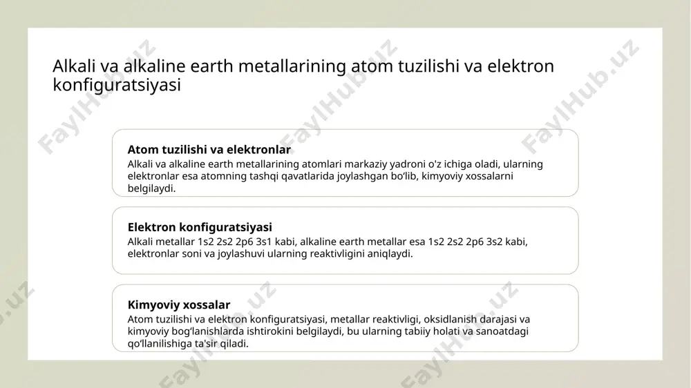 aromadlar yaratadi. 03 yangi texnologiyalar va innovatsiyalar sanoat sohasida ularning yangi texnologiyalar va ekologik toza yechimlarda qo‘llanilishi rivojlanmoqda, bu esa iqtisodiy va ekologik foyda keltiradi. o‘zbekiston ilm-fani va sanoatida i va ii guruh elementlarining o‘rni va qo‘llanilishi. 1 zamonaviy sanoatda roli - o‘zbekiston sanoatida alkali va alkaline earth metallari turli sohalarda keng qo‘llaniladi, masalan, metallurgiya, qurilish va kimyo sanoatida muhim ahamiyat kasb etadi. 2 ilmiy tadqiqotlar - o‘zbekiston ilm-fani alkali va alkaline earth metallari bo‘yicha ko‘plab innovatsion metodlar va texnologiyalar rivojlantirishga hissa qo‘shmoqda. 3 mahalliy ishlab chiqarish - mamlakatda bu elementlar asosida yangi texnologiyalar va mahsulotlar ishlab chiqarish uchun imkoniyatlar kengaymoqda, bu esa iqtisodiy rivojlanishga turtki bo‘lmoqda. 4 madaniy va ekologik ahamiyati - bu elementlar ekologik muhofaza va madaniyatimizda ramziy ma’noga ega bo‘lib, ularning qo‘llanilishi va o‘rganilishi o‘zbekiston madaniy merosi bilan uzviy bog‘liq. madaniyat va tarixda alkali va alkaline earth metallarining ahamiyati va ulardan foydalanish. tarixiy ahamiyat alkali va alkaline …