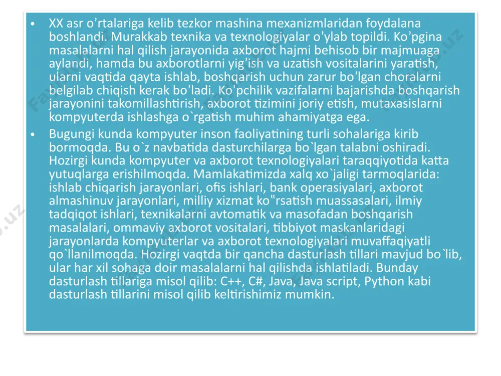 kelishidan oldinroq yaratilgan tillardan, (pascal ulardan eng mashhuri hisoblanadi), yetarli darajada muvaffaqiyatli foydalanilgan, lekin aynan c# tili dasturlashning zamonaviy davri boshlanishini belgilab berdi. 1960-yillarda dasturlash texnologiyalaridagi strukturaviy dasturlashlarning paydo boʻlishiga olib kelgan inqilobiy oʻzgarishlar c# tilini yaratish uchun asosiy imkoniyatlarni belgilab berdi. strukturaviy dasturlashlarning paydo boʻlishiga qadar katta dasturlarni yozish qiyin boʻlgan, satr kodlari miqdorining oshishi sababli dasturlarning oʻtish joylari chalkash massalariga aylanib ketishiga olib keladi. strukturaviy tillar dastur tuzuvchi instrumentariysiga shartli operatorlarni, lokal oʻzgaradigan tartiblarni va boshqa mukammallashtirishlarni qoʻshib bu muammoni hal qildi. shunday tarzda nisbatan katta dasturlarni yozish imkoniyati vujudga keldi. aynan c# tili kuch, elegantlik va maʼnodorlikni oʻzida muvaffaqiyatli birlashtirgan birinchi strukturaviy til boʻldi. uning boʻlishi mumkin boʻlgan xatolar masʼuliyatini tilga emas dastur tuzuvchi zimmasiga yuklaydigan prinsiplar bilan inobatga olgan holda sintaksisdan foydalanishdagi qisqalik va osonlik kabi xususiyatlari tezda koʻplab tarafdorlarini topdi. bugungi kunda biz mazkur sifatlarni oʻz oʻzidan anglashiladigan deb hisoblaymiz, lekin c# da birinchi marotaba …