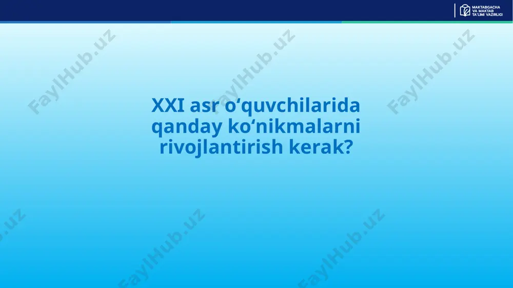 lik (o‘quvchilar real hayotiy muammolarga yechim topadilar) tanqidiy fikrlash, muammolarni hal qilish, tadqiqotchilik va kommunikativlik ko‘nikmalarining rivoshlanishi, o‘quvchilarni kelajakka va hayot davomida o‘rganishga tayyorlash. respublika ta’lim markazi a.avloniy nomidagi ilmiy-tatqiqot instituti evaluation baholash elaboration qo‘llash explanation tushuntirish exploration tadqiq etish engagement jalb qilish 5 e quyidagi bosqichlarda amalga oshiriladi: 2 daqiqa refleksiya o‘quvchilar boshlang’ich savollarga qaytadilar, nimalarga erishgani, ayni vaqtda qaysi jarayongacha yetib kela olgani haqida o‘ylaydilar, balki mummoga yechim topish uchun yangi yo‘llarni izlaydilar. aks ettirish muhokamalar o‘quvchilar o‘z natijalarini boshqalar bilan muhokama qiladilar, boshqalardan ularning natijalari haqida so’raydilar muhokama qilish yangi g’oyalar o‘quvchilar o‘zlarining tajribalariga tayanmagan holda yangi fikrlar yaratadilar. yaratish ma’lumot to’plash savollarga javob topish uchun ma’lumotlar izlaydilar, tajriba qiladilar, amalga oshiradilar tadqiq qilish o‘quvchilar tanlangan mavzuga doir o‘zlari uchun savollar tuzadilar savollar tuzish so‘rash respublika ta’lim markazi a.avloniy nomidagi ilmiy-tatqiqot instituti ushbu bosqichda o‘quvchilarning tayanch bilimlarini faollashtirish, ularning diqqatini mavzuga jalb qilish, yangi mavzuni o‘rganishga qiziqtirish, …