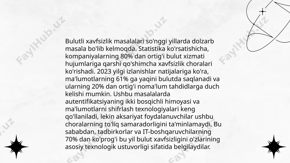 ha maxsus qonunlar mavjud emas, lekin mavjud bo'lgan axborotni himoyalash va shaxsiy ma'lumotlarni qo'riqlash qonunlarida muayyan qoidalar mavjud. boshqa davlatlarda, xususan, yevropa ittifoqi mamlakatlarida esa gdpr kabi qoidalar bulutdagi ma'lumotlar xavfsizligini yoritadi. bulutli hisoblashdagi asosiy muammolar shaxsiy ma'lumotlarning maxfiyligi, ma'lumotlarning integriteti va uchinchi tomonlar tomonidan kirish huquqini cheklash bilan bog'liq. o'zbekistonda ushbu texnologiyalarni tartibga solish uchun alohida qadamlar ko'rilmoqda. ... t.me/slaydai_bot bulutli hisoblashda api (application programming interface) texnologiyasi turli ilovalar va xizmatlar o'rtasida integratsiyani osonlashtiradi. api’lar orqali dasturchilar bulutli muhitda saqlanadigan ma'lumotlarga masofaviy kirish imkoniyatiga ega bo'ladi. 2021 yilgi hisobotlarga ko'ra, api’lar yordamida bulutli xizmatlarga kirish 90% dan oshiq foydalanuvchilar uchun samaradorligini oshirdi. bulut xizmatlarini ko’rsatuvchi kompaniyalarning 80% dan ko'pi api taklif qiladi. api’lar xavfsizlikni ta’minlash uchun autentifikatsiya va avtorizatsiya usullarini qo‘llaydi, bu esa ko'plab tashkilotlar uchun foydalidir. shu sababli, api'lar bulutli texnologiyalarning ajralmas qismiga aylangan. ... t.me/slaydai_bot 13. xususiy, davlat va gibrid bulutlar xususiy, davlat va gibrid bulutlar hisoblash …