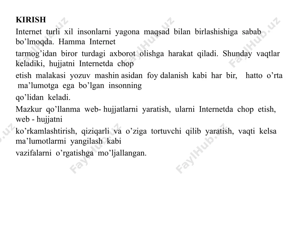 ersaloqalar) ta'minlashdan iborat. web-dasturlash texnologiyalarini, dasturlarini, interfaol o’zaro aloqa qismini ham asosan ikkita qismga ajratish mumkin: 1.klient tomonidagi dasturlarlash (client-side); 2.server tomonidagi (server-side). klient tomonidagi ssenariylar foydalanuvchi tomonidan kiritilayotgan ma'lumotlarni to’g’riligini serverga murojaat qilmasdan tekshiradi. ko’p hollarda bu ssenariylar javascript va vbscript tillarida yoziladi. server tomonida bajarilishi kerak bo’lgan ssenariylar odatda sayt papkasining ichidagi maxsus papkaga joylashtiriladi. razmetkali tillar: html, xml, xhtml, wml. web-texnologiyaning (internet-texnologiya) web-dizayn qismini o’rganishni razmetkali til tasnifi bilan boshlaymiz. maxsus til mavjud bo’lib, bu til yordamida matnlar, grafik ma'lumotlar web-sahifa hujjatga joylashtiriladi va bu hujjatni barcha kompyuterda ko’rish imkoniyati mavjuddir. bunday maxsus tillar razmetkali tillar deb ataladi. ularning asosiy vazfasi - web-sahifaga “ma'lumotlarni joylashtirish” va ular orasidagi aloqani (gipersaloqalar) ta'minlashdan iborat. razmetkali tillar quyidagilarni o’z ichiga oladi: image1.jpeg image2.jpeg /docprops/thumbnail.jpeg
