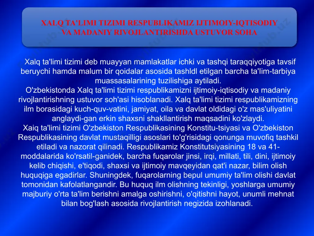 mni milliy taraqqiyotning o'ta muhim omili sifatida e'tirof etish, boshqa xalqlarning tarixi va madaniyatini hurmatlash; uzluksiz ta'lim tizimi va turlari uzluksiz ta'lim tizimining faoliyat olib borishi davlat ta'lim standartiari asosida, turli darajadagi ta'lim dasturlarining izchiliigi asosida ta'minlanadi va quyidagi ta'lim turlarini o'z ichiga oladi: — maktabgacha ta'lim; — umumiy o'rta ta'lim; — o'rta maxsus kasb-hunar ta'limi; — oliy ta'lim; — oliy o'quv yurtidan keyingi ta'lim; — kadrlar malakasini oshirish va ularni qayta tayyorlash; — maktabdan tashqari ta'lim. kadrlar tayyorlash milliy modelining o'ziga xos xususiyati mustaqil ravishdagi to'qqiz yillik umumiy o'rta hamda uch yillik o'rta maxsus kasb-hunar ta'limini joriy etishdan iboratdir. maktabgacha ta'lim bolaning sog'lom, har tomonlama kamol topib shakllanishini ta'minlaydi, unda o'qishga intilish hissini uyg'otadi, uni muntazam ta'lim olishga tayyorlaydi. maktabgacha " 1 ta'lim bola olti-yetti yoshga yetgunicha davlat va nodavlat maktabgacha tarbiya bolalar muassasalarida hamda oilalarda amalga oshiriladi. maktabgacha ta'lim maqsadi va vazifalarini ro'yobga chiqarishda mahallalar, jamoat va xayriya …