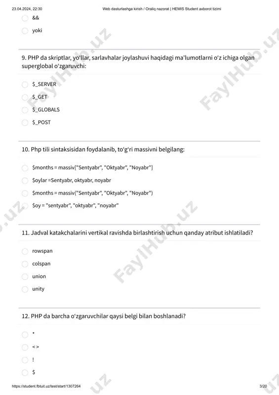 g ichida ni yarating. tegining ichiga tegini joylashtiring , uning ichida yana tegini yarating va uning ichida tegini yarating. 24. php da oʻzgaruvchilar nomlari qaysi belgidan boshlanadi? $ ! & 25. jadvalning kengligini qaysi xususiyat oʻzgartiradi? length count size 23.04.2024, 22:30 web dasturlashga kirish / oraliq nazorat | hemis student axborot tizimi https://student.fbtuit.uz/test/start/1307264 6/20 width 26. quyidagi usullardan qaysi biri javascript oynasini ochadi? mywindow = window.new("http://www.w3schools.com"); mywindow = new window ("http://www.w3schools.com"); mywindow = new open ("http://www.w3schools.com"); mywindow = window.open("http://www.w3schools.com"); 27. har bir php ifodasi qanday tugaydi? ; , 28. xhtml nima? bu html5 uchun boshqa nom kuchli html varianti html kodining dinamik modifikatsiyasini ta'minlovchi dasturlash tili bu past darajadagi dasturlash tili 29. alert(n) nima beradi? var n = 2; n /= 3; n *= 3; alert(n); 3 24 6 2 23.04.2024, 22:30 web dasturlashga kirish / oraliq nazorat | hemis student axborot tizimi https://student.fbtuit.uz/test/start/1307264 7/20 30. barcha paragraflar uchun qizil …