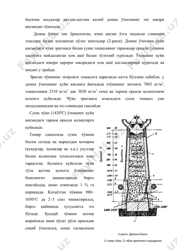ларини янада яхшилаш учун оқ суюқ чўянга махсус модификаторлар қўшилади ва юқори масъулиятли объектлар қурилишида ишлатилади. болғалашбоп чўян юқори пластиклиги, қайишқоқлиги ҳамда қайта ишлаш осонлиги билан бошқа чўянлардан фарқ қилади. оқ чўян нейтрал ёки оксидловчи (қум ёки симобда) муҳитда узоқ вақт (100 соат) давомида юқори ҳароратда (980–760°с) қиздириб олинади. бу жараён чўяннинг толиқиши деб аталади. қурилишда пўлат, пластмасса, шишапластик, ситалл, шиша, сопол сингари ашёлар ишлатиладиган жойларда чўян ишлатилса анча қимматга тушади. чўян асосан масъулият катта бўлган объектлар қурилишида ишлатилиши лозим. масалан, оқова сув қувурлари ишлатиладиган жуда зарарли муҳитда чўян анча чидамлидир. чўян хоссалари. тузилишига кўра чўянлар оқ ва кулранг бўлади. буидай ранглар, чўянни иккига бўлганда унда цементит ёки графит борлигини билдиради. оқ чўян мўрт ва жуда қаттиқ. у асосан пўлат ва болгалашбоп чўян олишда ишлатилади. кулранг чўяннинг механик хоссалари асосан ундаги графит сингари моддаларнинг миқдорига боғлиқ. мўртлиги бўйича оқ чўяндан кейин туради. ишлатилаётган вақтдаги сиқилишга бўлган мустаҳкамлиги чўзилишга қараганда 3—4 …