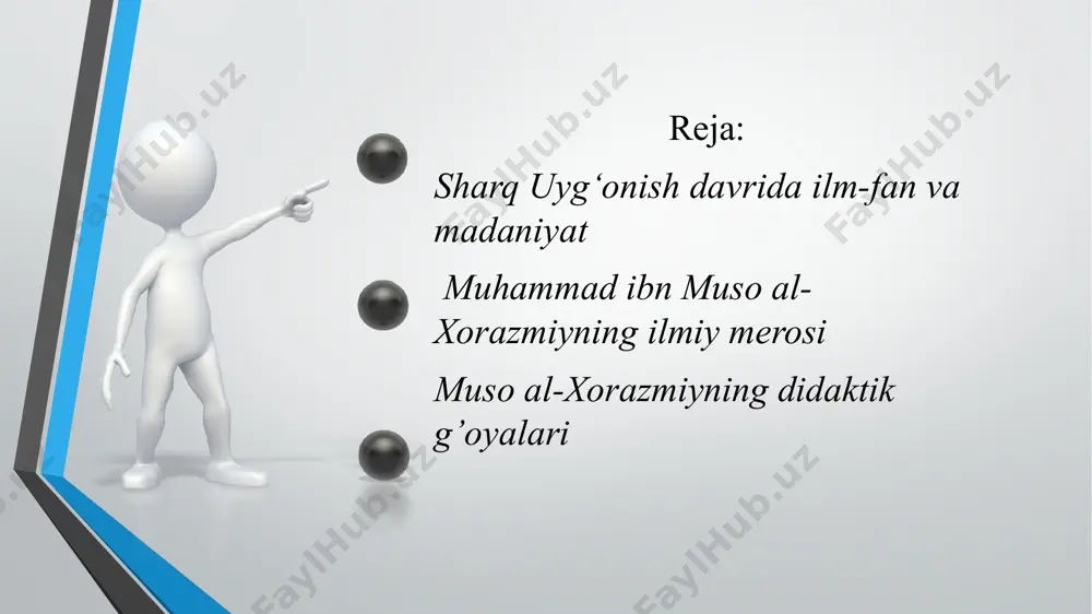 d hisobi haqida”) deb atadi. mazkur asar faqat sharqdagina emas, yevropada ham qo’llanma sifatida shuhrat taratdi. u hindistonda kashf etilgan raqamlami soddalashtirdi va birinchi marta arab tilida bayon etdi. ungacha ancha qo‘pol sanoq usullaridan foydalanib kelingan. o'nlik tizimining kashf etilishi fan olamida sanoq tizimida inqilobiy o‘zgarish deb ta’riflanadi. yevropaga 1,2.3,4,5,6,7,8,9 raqamlaridan foydalanish va nol yordamida eng katta sonlarni yozish va joylami aniq ko‘rsatish x-xl asrlarda arablardan kirib kelgan. muso al-xorazmiyning didaktik g’oyalari didaktika pedagogikaning ta’lim va o‘qitish nazariyasini ishlab chiqadigan tarmogidir. didaktika yunoncha “didaktikos” so‘zidan kelib chiqqan boiib, o‘qitish, o‘rganish ma’nosini bildiradi. yaqin va o‘rta sharqda al-xorazmiy, kindiy, abu nasir forobiy, al- beruniy, ibn sino, umar hayyom kabi mutafakkirlar ilmiy didaktikaga asos solgan boisalar, amos komenskiy, shveysariya- lik pedagog i. g. pestalossi, nemis pedagogi a. disterveglar yevropada didaktikaning rivojlanishi ga katta hissa qo‘shdilar. al-xorazmiy, kindiy, abu nasr forobiy, al-beruniy, ibn sino, umar xayyom, nasriddin tusiy va ulaming izdoshlari qarashlarining muhim …