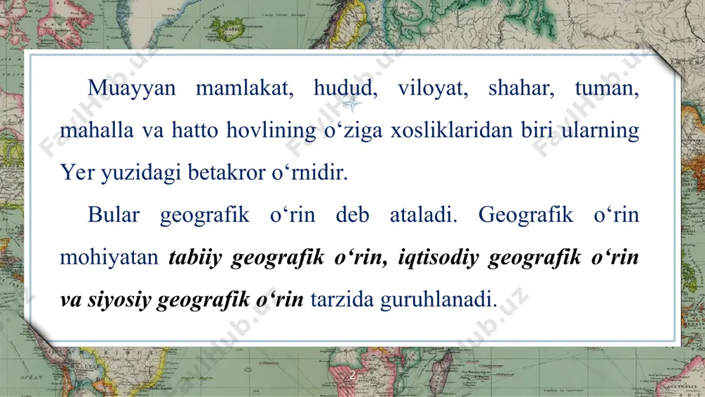 qtisodiy geografik o‘rin imkoniyatlariga bog‘liq. insoniyat taraqqiyotining muayyan bosqichlarida yirik xalqaro savdo yo‘llari muhim omil bo‘lgan. * iqtisodiy geografik o‘rin imkoniyatlari davr o‘tishi bilan o‘zgarishi mumkin. bunga siyosiy voqealar, yirik tabiiy boylik zaxiralarining topilishi va ishlab chiqarilishi, transport vositalarining takomillashuvi kabilar sabab bo‘ladi. buni yurtimiz iqtisodiy geografik o‘rnida ro‘y bergan o‘zgarishlar misolida ko‘rib chiqamiz. * ma’lumki, miloddan avvalgi ii asrdan to milodiy xvi asrgacha sharqni (hindiston, xitoy) g‘arb (yevropa mamlakatlari) bilan bog‘lab turgan asosiy savdo yo‘li - «buyuk ipak yo‘li» o‘rta osiyo orqali o‘tgan. natijada o‘rta osiyo bozorlarida mol ayirboshlash avj olib, u hunar mandchilik va dehqon chilikning taraq qiyoti, shaharlar, fan, madaniyat ravna qiga jiddiy turtki bo‘lgan. * keyinchalik sharq bilan g‘arb o‘rtasidagi savdo yo‘llari quruq likdan dengiz-okeanlarga ko‘chgach, o‘rta osiyo iqtisodiy geografik o‘rnidagi qulaylik barham topgan. xix asr oxirlarida o‘rta osiyoda temir yo‘l qurildi. natijada samarqand, toshkent kabi yirik shaharlar temiryo‘l orqali rossiyaning markaziy rayonlari bilan bog‘lanib, o‘zbekiston …