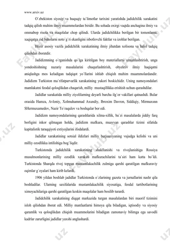 adidlar turkistonda o`zlarining gazeta va jurnallarini nashr qila boshladilar. ularning saxifalarida mustamlakachilik siyosatiga, feodal tartibotlarining ximoyachilariga qarshi qaratilgan keskin maqolalar ham bosilib turardi. jadidchilik xarakatining diqqat markazida turgan masalalardan biri maorif tizimini isloh qilishdan iborat edi. milliy manfaatlarni himoya qila biladigan, iqtisodiy va siyosiy qaramlik va qoloqlikdan chiqish muammolarini biladigan zamonaviy bilimga ega savodli kadrlar zarurligini jadidlar yaxshi anglashardi. mana shuning uchun xam dunyoviy bilimlarni o`rganish ishlari, maorif tizimini islox qilish masalasi xix asr oxiri va xx asr boshlari turkiston ijtimoiy fikrining dikkat markazidagi siyosiy masala bo`lib qoldi. biz dinimiz va mamlakatimizni himoya qilishga qodir ishonarli va mustahkam vositaga ega bo`lmog`imiz shart. bu vosita maorifdir, deb yozgan edi behbudi. bexbudiyning bu fikrlari o`z axamiyagini hozir xam yuqotgani yuk. jadidlar matbuotida maorifni islox qilish masalalari xar tomonlama muhokama qilindi. unda maktab ishini iqtisodiy va moliyaviy tomonlari, ulamolar va chorizm ma`muriyatini yangi usul maktablariga munosabatlari, o`quvchilar psixologiyasi va odobiga ijobiy tasir qilish …