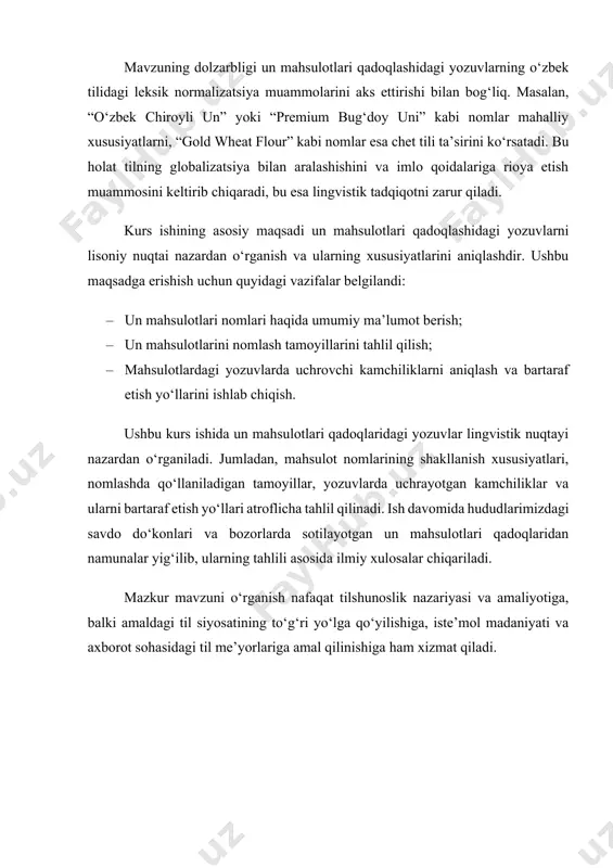 g, reklama va tilshunoslik vositasi sifatida ishlaydi. misollar: “ona noni” – hissiy-emotsional nom, ona mehri va an’anaviy ta’m bilan bog‘lanadi. “ziyo un” – qisqa, oson yodda qoluvchi va ijobiy ma’no kasb etuvchi brend. “andijon bug‘doy uni” – geografik komponentni ifodalaydi, iste’molchida ishonch uyg‘otadi. “navro‘z lag‘moni” – milliy bayram bilan bog‘liq emotsional brend. “bolajon suli bo‘tqasi” – bolalarga mo‘ljallangan, quvnoq va yengil nom. “zernolife” – ingliz tilidagi “life” va rus tilidagi “zerno” so‘zlarining kombinatsiyasi; zamonaviy ko‘rinishga ega. shuningdek, mahsulot qadoqlarida uchraydigan yozuvlar esa iste’molchiga kerakli axborotni yetkazish bilan birga, til madaniyatiga qanday yondashuv borligini ham ko‘rsatadi. masalan: · “oliy navli bug‘doy uni. 2 kg. gost 26574-85” · “suli bo‘tqasi. bolalar uchun. vitamin b1, b2, e bilan boyitilgan.” · “organik mahsulot. gmo yo‘q. 100% tabiiy.” · “makaron “ziyo maxsus” – mukammal ta’m va yuqori sifat!” · “nonushta uchun eng yaxshi tanlov – fitness lag‘moni” mahsulot nomlarining shakllanishiga ta’sir etuvchi omillar a) brend …