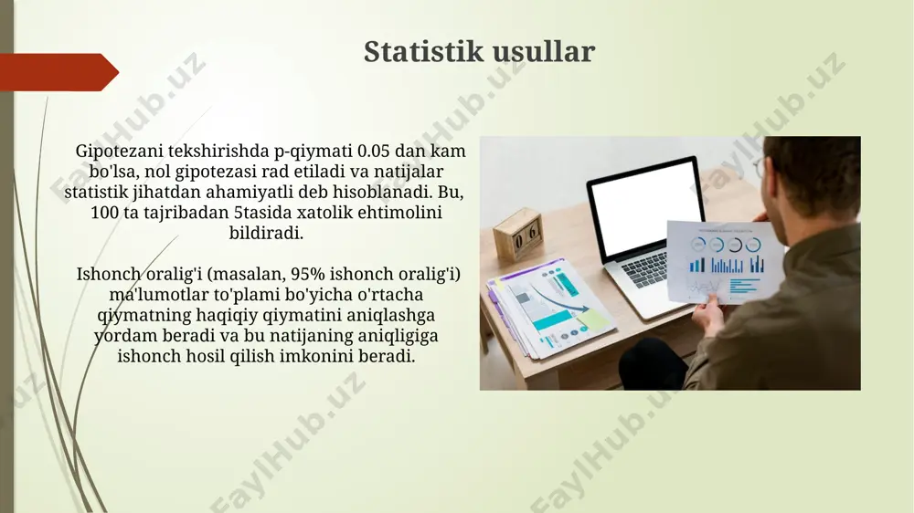 losa beradi. sifatli tahlil chuqur tushuncha beradi, lekin kichik namunalarga tayanadi (masalan, 10-20 ishtirokchi), miqdoriy tahlil esa katta hajmdagi ma'lumotlar (1000+ respondent) va statistik umumlashtirish imkoniyatini taqdim etadi. sifatli ma'lumotlarni tahlil qilish tadqiqot natijalarining ishonchliligini oshirish uchun 2 nafar mustaqil tadqiqotchi tomonidan ma'lumotlarning kodlash ishlari amalga oshiriladi va uyg'unlik darajasi 80% dan yuqori bo'lishi kerak. sifatli ma'lumotlarni tahlil qilishda kodlash, tematik tahlil va asoslash kabi 3 ta asosiy usul qo'llaniladi, bu esa 20 dan ortiq intervyu va fokus-guruhlar natijalarini tizimlashtirishga yordam beradi. e'tiboringiz uchun rahmat @taqdimot_robot image1.jpg image2.jpg image3.jpg image4.jpg image5.jpg image6.jpg image7.jpg image8.jpg image9.jpg image10.jpg image11.jpg image12.jpg image13.jpg image14.jpg image15.jpg image16.jpg