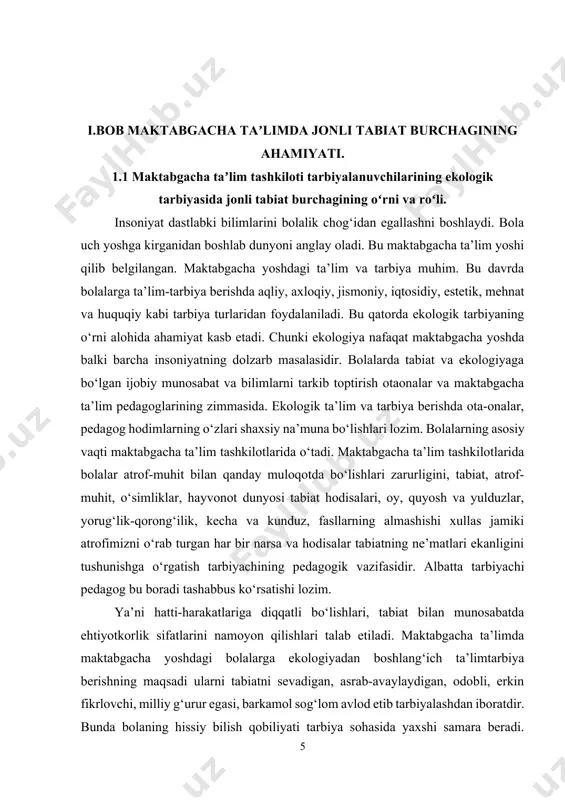 i amalga oshirish jarayonida tegishli bilim va malakalar hosil qilishni ta’minlaydigan maktabgacha ta’lim yoshidagi bolalar saviyasiga mos va to‘g‘ri keladigan ish shakllari, vositalari va uslublarini to‘g‘ri tanlab olish muhim vazifalardan biri sanaladi. maktabgacha ta’lim tashkilotida bolalarni ekologik tarbiyasining eng samarali usullaridan biri uni mehnat tarbiyasi bilan qo‘shib birga olib borish. ya’ni bolaning bo‘sh vaqtlarini foydali va unumli bo‘lgan ishlarga jalb qilish, yo‘naltirishdir. chunki tabiatga ozor berish bilan bog‘liq bo‘lgan sho‘xliklar, kichik bezoriliklar ma’lum darajada bolaning bo‘sh va nazoratsiz qolishi natijasida kelib chiqadi. u qiladigan ishi yo‘qligidan hayvonlarga, o‘simliklarga ongsiz ravishda ozor bera boshlaydi. misol uchun mushukning dumiga ip bog‘lashi, qushlarning iniga chiqib, polaponlarini olishi va ularga tosh otishi va hokazolar. aslida bola jonivorlarga ozor bermasdan, ularni qiynamasdan va ular bilan do‘st tutunib ham olam-olam zavq olishi, shodlanishi mumkin. biz kattalar, ota-onasi, tarbiyachiustozlari unga qushlarni qanotli do‘stlari deb o‘rgatib, do‘stlar uchun inlar yasab,donlar berishni o‘rgatishimiz maqsadga muvofiqdir. ekologik ta’lim va tarbiyaga …