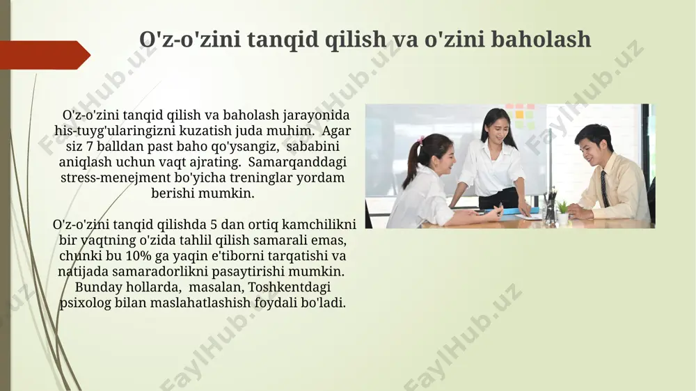 k. ustuvorliklarni aniqlash va rejalashtirish kun davomida 7 ta kichik maqsadni belgilash orqali o'zingizning ustuvorliklaringizni aniqlang va ularni bajarish uchun 25 daqiqalik pomodoro texnikasidan foydalaning, har bir maqsadga 2-3 ta pomodoro aylanishini ajrating. uy vazifalarini, ish topshiriqlarini va shaxsiy ishlaringizni (masalan, sport, oila) birlashtirgan 10 balldan iborat reyting tizimini yaratish orqali 2 hafta davomida ustuvorliklaringizni baholang va ularning bajarilish darajasini kuzating, toshkent shahrida o'tkaziladigan seminarga tayyorgarlikni eng yuqori darajada belgilang. maqsadlar qo'yish va ularga erishish kichik, amalga oshirish oson maqsadlar qo'yib, ularga erishish orqali o'ziga ishonchni oshirish va keyinchalik, katta, masalan, toshkent shahrida biznes ochish kabi, maqsadlarga intilish mumkin. har kuni kamida 15 daqiqa vaqt ajratib, maqsadlarga erishish uchun reja tuzib, 7 kunlik jadval tuzish va unga qat'iy amal qilish muvaffaqiyatga erishish ehtimolini sezilarli darajada oshiradi. stressni boshqarish va emotsional intellekt o‘zbekistondagi psixologlarning ta’kidlashicha, stressni samarali boshqarish uchun kundalik hayotingizga 30 daqiqalik meditatsiya yoki yoga mashg‘ulotlarini qo‘shing; bu sizning hissiy …