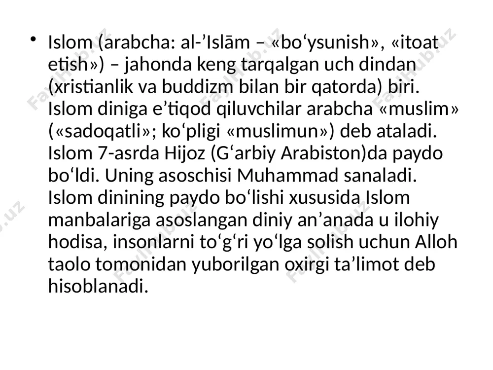 qraʼ» («o‘qi») deb boshlanuvchi «alaq» surasining avvalgi 5 oyatini keltirdi. bu jarayon makkada 13 yil, madinada 10 yil, hammasi bo‘lib 23 yil davom etgan. qur’onning nozil qilinishi islom aqidasi bo‘yicha ramazon oyining 27-kuniga o‘tar kechasi yuz bergan. . qur’onning bo‘limlari sura deyiladi, uni shartli ravishda bob bilan taqqoslash mumkin. har bir sura oyatlarga bo‘lingan. qur’on 114 sura, 6236 oyatdan iborat. har bir suraning o‘z nomi bor. oyatlar esa tartib raqami bilan berilgan. suralarning nomlari uning boshida kelgan so‘zdan olingan yoki zikri ko‘proq kelgan narsalar, voqealar yohud asosiy qahramon nomi bilan atalgan. keyinchalik o‘qish va yodlash oson bo‘lishi uchun iroq hokimi hajjoj ibn yusuf (hukmronlik yillari 694-714) ko‘rsatmasiga binoan qur’on 30 qism (arabcha – juz, forscha – pora)ga bo‘lingan. hadis ilmi. hadis islom dini talimoti bo‘yicha qur’ondan keyin turadigan ikkinchi muqaddas manba bo‘lib, muhammad (s.a.v.) payg‘ambarning hayoti va faoliyati, shuningdek uning diniy va axloqiy ko‘rsatmalarini o‘z ichiga oladi. hadis ilmi. hadis …