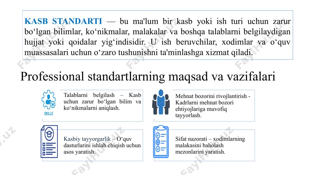 publikasi bandlik va mehnat munosabatlari vazirligi tomonidan ishlab chiqiladigan va tasdiqlanadigan metodik tavsiyalarga binoan quyidagicha amalga oshiriladi: davlat boshqaruvi organlari va xoʻjalik birlashmalari, ta'lim, fan va ilmiy-joriy etish muassasalari – respublika kengashi tomonidan tasdiqlanadigan reja-jadvalga muvofiq; vakolatli organ tanlab olgan tashkilotlar – oʻzbekiston respublikasi bandlikka koʻmaklashish davlat jamgʻarmasi mablagʻlaridan moliyalashtirish hisobidan vakolatli organ buyurtmasiga muvofiq; tashabbus tartibida – ish beruvchilar birlashmalari, kasaba uyushmalari va boshqa manfaatdor tashkilotlar tomonidan. kasb standartlarini ishlab chiqish va dolzarbligini ta'minlash vakolatli organ tomonidan amalga oshiriladi. birinchi boʻlim quyidagilarni oʻz ichiga oladi: kasb standarti rekvizitlari – kasb standarti kim tomonidan, qachon va qaysi normativ-huquqiy hujjat asosida tasdiqlangan; kasb standarti nomi – ishlab chiquvchilar shakllantirgan kasbiy guruhning nomlanishiga mos nom. kasb standarti nomi iqtisodiy faoliyat turlari umumdavlat tasniflagichida belgilangan iqtisodiy faoliyat turlari bilan bogʻlangan boʻlishi kerak; glossariy – ushbu kasb standartida foydalaniladigan asosiy tushunchalar roʻyxati. ikkinchi boʻlim kasb standarti pasporti mazmunini oʻz ichiga oladi: kasb standarti nomi …