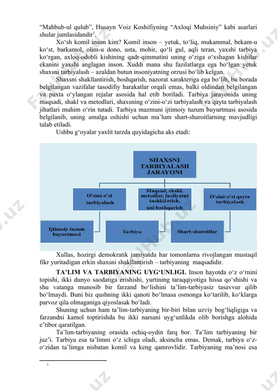 atlashtirish, startap loyihalarni amalga oshirish kabi yangi vazifalar yuklatilmoqda. ilmiy izlanishlarni qo‘llab-quvvatlash va natijadorligini oshirish, yosh kadrlarni xorijiy o‘quv yurtlariga falsafa doktori (phd) darajasini himoya qilish uchun yuborish ham nazarda tutilgan. ma’lumki, poytaxtimizning yashnobod tumanida olimpiya shaharchasi barpo etilmoqda. osiyo o‘yinlari o‘tganidan so‘ng, bu majmuaga sportni rivojlantirish vazirligi, sport federatsiyalari hamda 2025-yilda faoliyat boshlaydigan o‘zbekiston davlat sport akademiyasi joylashtirilishi mo‘ljallangan. davlatimiz rahbari bu takliflarni ma’qullab, qo‘shimcha ko‘rsatmalar berdi. ushbu hafta “axborot va murabbiylik soati” mashgʻulotlarini oʻtkazish uchun tayyorlangan yordamchi materiallar mavzu: tarbiya – hayot-mamot masalasi reja: 1. tarbiya tushunchasining mazmun-mohiyati, shaxs takomilida tarbiyaning о‘rni. 1. ta’lim va tarbiyaning uyg‘unligi. 1. oliy ta’lim muassasalarida talaba yoshlar tarbiyasining о‘ziga xos xususiyatlari. 1. tarbiya – hayot mamot masalasi yoxud yoshlar ma’naviy tarbiyasining dolzarb masalalari "ta’lim-tarbiya – bu bizning kelajagimiz, hayot-mamot masalasi. shu bois, bu sohadagi islohotlarni kechiktirishga haqqimiz yo‘q. qanchalik murakkab bo‘lmasin, maktab ta’limida poydevorni bugundan mustahkam qo‘yishimiz kerak. chunki biz ko‘p vaqt …