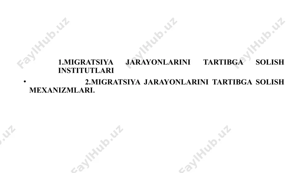 linmoqda. xorijga ishlashga bormoqchi bo’lgan fuqarolarni kasbiy va til boyicha tayyorlash ishlari mamlakatdagi 14 ta “ishga marhamat” ish bilan band bo’lmagan aholiga xizmat ko’rsatish monomarkazida, 30 ta kasbiy tayyorgarlik markazida, 136 ta mahallada, 24 ta kollej va 13 ta texnikumda amalga oshirilmoqda. ikkinchi bosqich:mehnat migrantlariga xorijda huquqiy va ijtimoiy yordam ko’rsatilmoqda. shu maqsadda xorijda mehnat qilayotgan fuqarolarga xizmat ko’rsatish maqsadida bir necha davlatlarda tashqi mehnat migratsiyasi masalalari bo‘yicha agentliklar tashkil qilindi. o‘zbekiston respublikasi bosh konsulliklari huzurida mehnat migratsiyasi masalalari bo‘yicha attashe lavozimi joriy etildi. uchinchi bosqich: o‘zbekistonga qaytgan mehnat migrantlarining qayta moslashuviga yordam ko’rsatilmoqda. bandlikni qo‘llab-quvvatlash markazlarida mamlakatga qaytgan mehnat migrantlarining qayta moslashuvi bilan shug‘ullanadigan inspektorlar faoliyat ko‘rsatmoqda. image1.png image2.png image3.png image4.png image5.png image6.png image7.png image8.png image9.png /docprops/thumbnail.jpeg