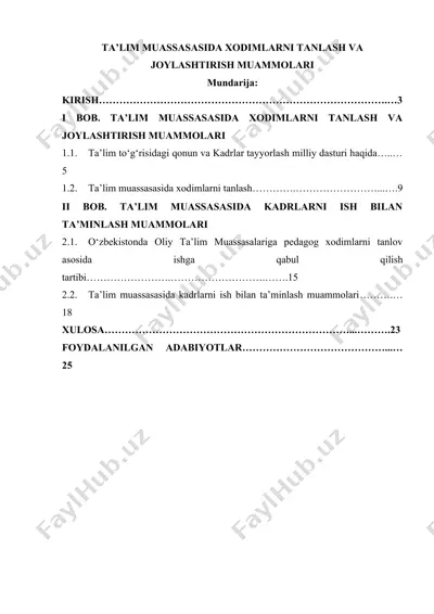 ta’lim muassasasida xodimlarni tanlash va joylashtirish muammolari — DOCX