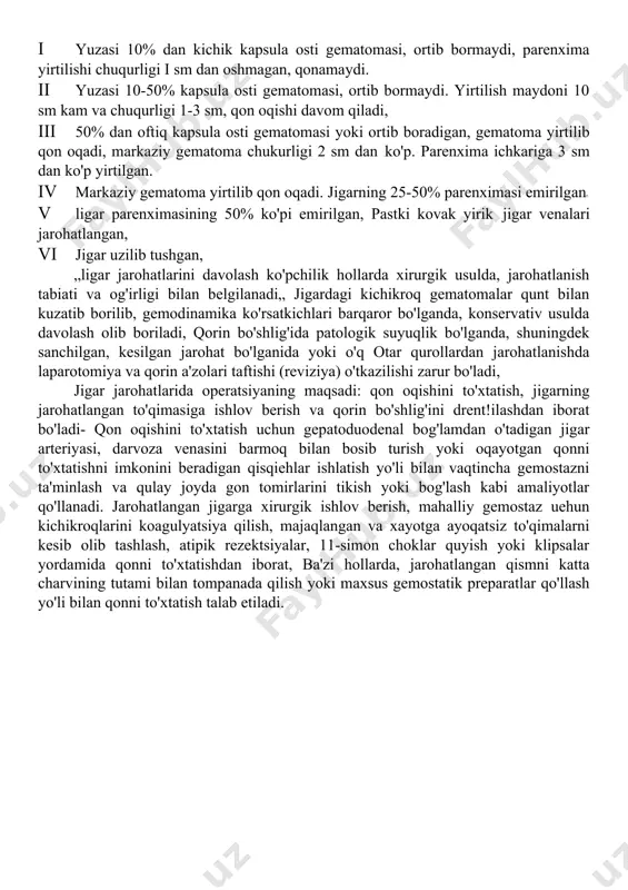 ukuron kisłotasi bilan kon t yugatsiya reaktsiyasi ro'y berib, natijada bilirubin mono va diglyukuronidga (bog'langan bilirubin) aylanadi. u suvda eruvchan bo'lib qoladi va olt orqali ajraladi. kon'yugatsiyalanmagan bilirubin sulfodiazoreatkiv bilan molekulalararo vodorod bog'lar to' g'ridan-to'g'ri (spirt bilan vandenberg reaktsiyasi) xosil qilmaydi, shuning uchun kon'yugatsiyalangan (bevosita bilirubin) dan farqli ravishda bilvosita bilirubin deb ataladi. albumin bilan bog'langan va suvda erimaydigan bilvosita bilirubin buyrak kanalchalarida filtrlanmaydi va siydik bilan ajralib chiqmaydi, ingichka ichakda, ol t yo'llarida (ayniqsa bakterial xolangitda) bilirubin urobilinogenga aylanadi, u qonga oson so'riladi„ biroq amalda to'la-to'kis ushlab qolinadi. jigar faoliyati buzilganda urobilinogenning jigardan ekskretsiyasi ortadi, keyinroq yo'g'on ichak mikroflomsi ta'siri ostida bog'langan bilirubindan sterkobilinogen xosil bo'ladi„ u sterkobilinga aylanib axlatga o'ziga xos rang beradi. normada sterkobilinogenning ozroq qismi jigarni chetlab o'tib, to'g'ri ichak venalari bo'ylab, sistem qon oqimiga tushadi va siydik bilan ajraladi, jigarning anatomik nuqsonlari jigaming anatomik nuqsonlari jigarning joylanishi (situs viscerus inversus) va uning tuzilish xususiyatlari bilan …
